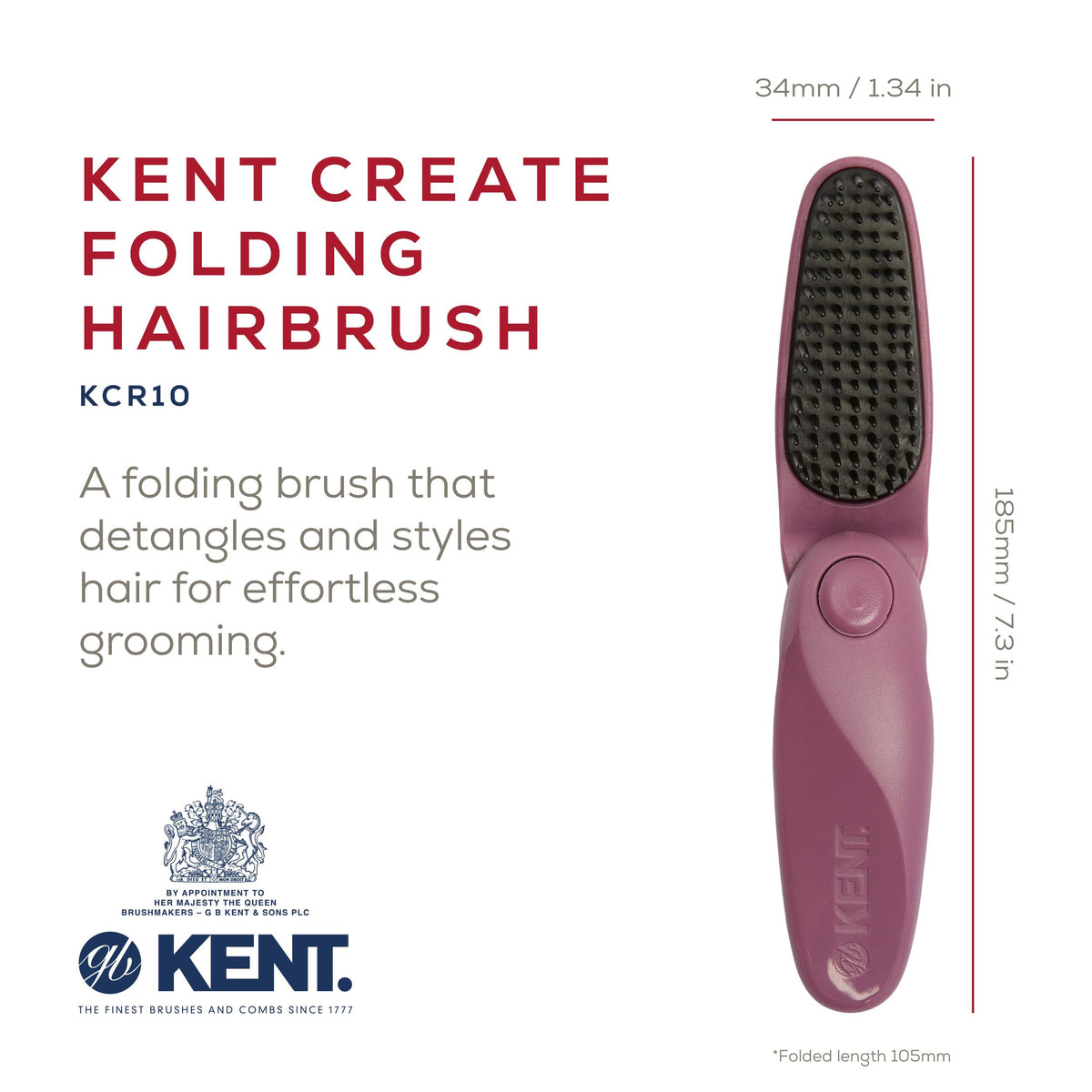 Kent KCR10 Create Folding Hair Brush for Styling Short Hair - Travel Brush for Men and Women, Anti-Static, Scalp Stimulating, Nylon Bristle in Purple