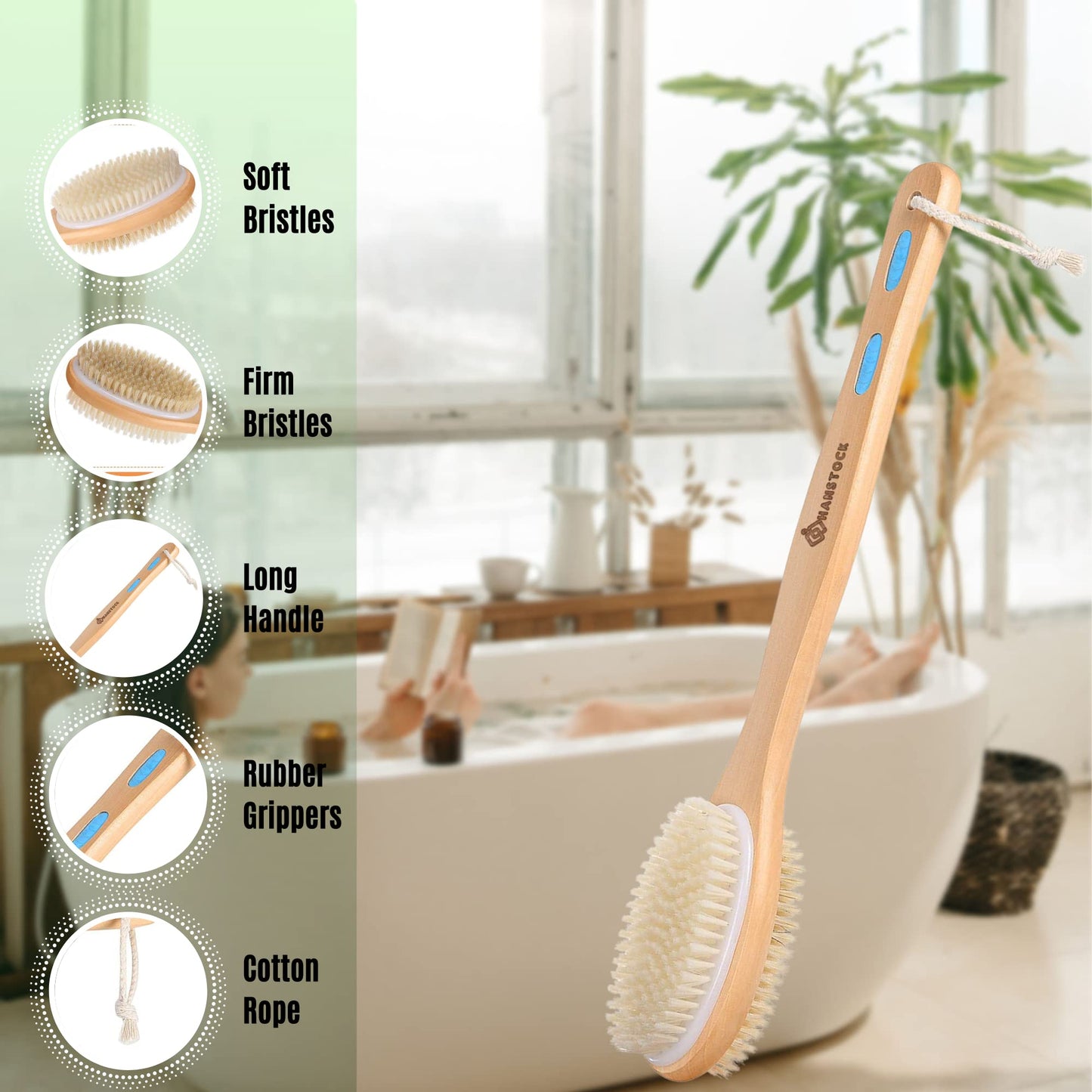 Hanstock Back Scrubber, 43cm Long Wooden Double-Sided Shower Body Brush with Soft and Stiff Bristles for Exfoliating Skin Beauty and Personal Care HANSTOCK