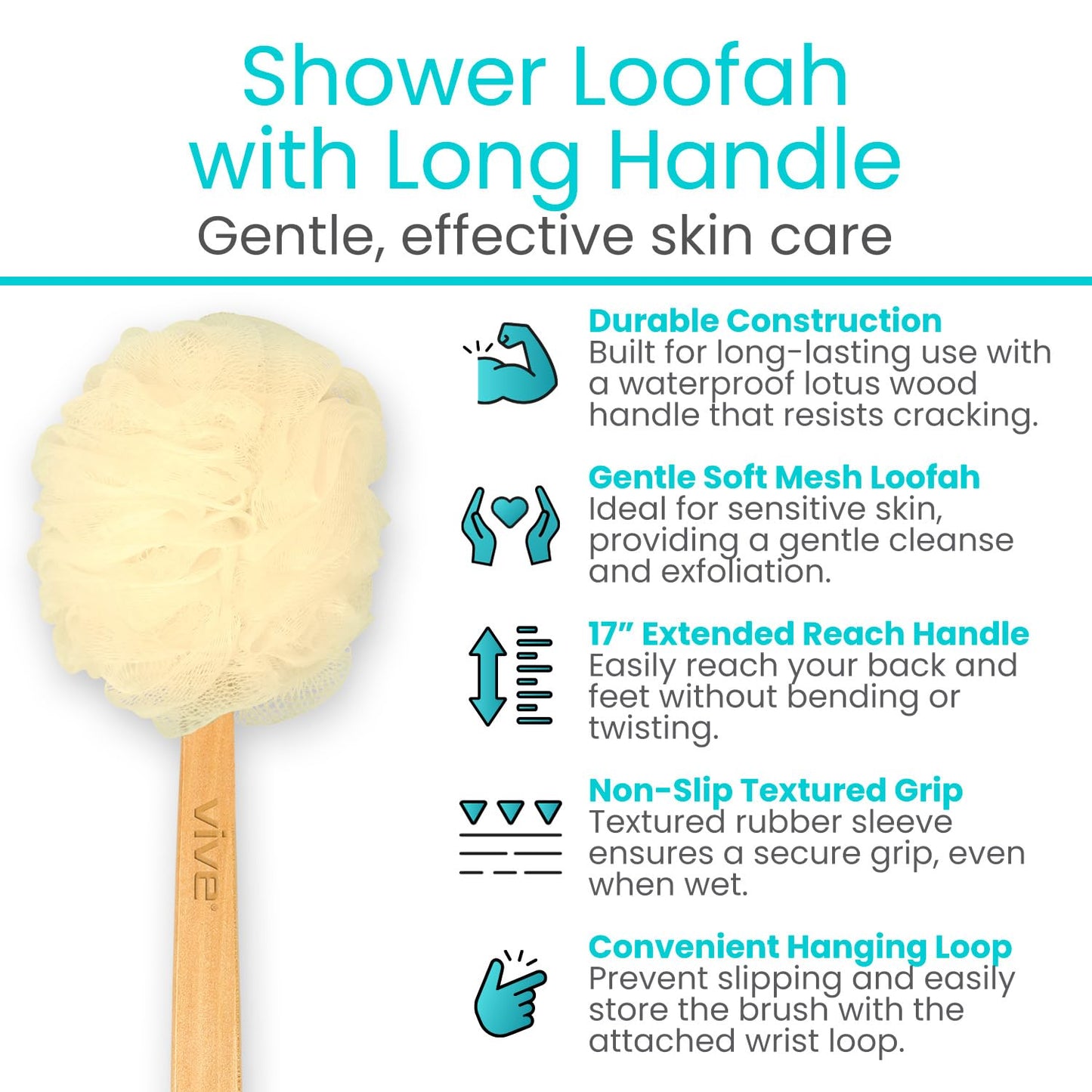 Vive 17” Shower Loofah with Long Handle - Exfoliating Back & Body Scrubber for Men & Women - Luffa Sponge on a Stick for Bathing, Cleaning - Includes Beauty & Personal Care Vive