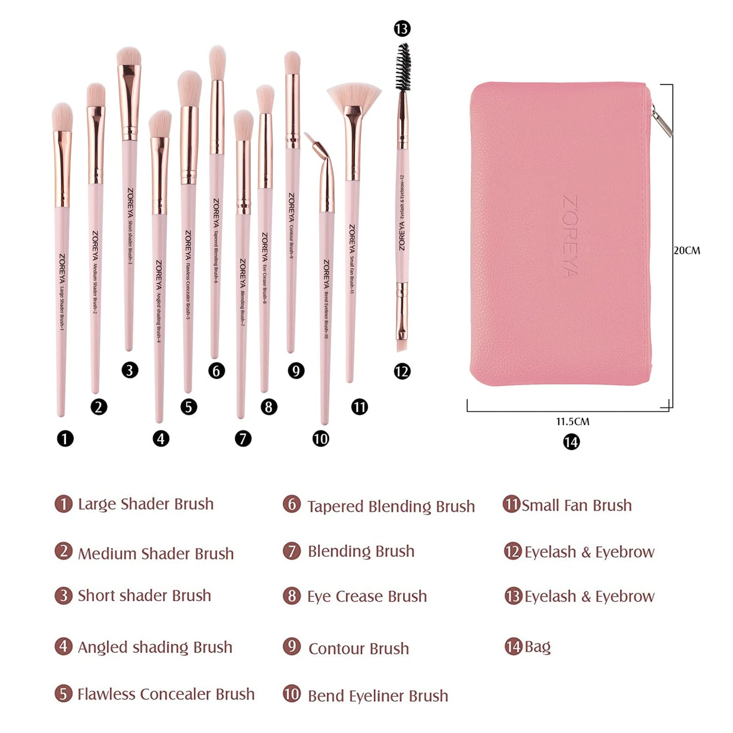 Z'OREYA Eye Makeup Brushes, 12 Pcs Professional Eye Brush Set Eyeshadow, Eyebrow, Blending, Fan, Eyelash Brushes Set With Carrying Bag (Pink) Beauty & Personal Care Z'OREYA