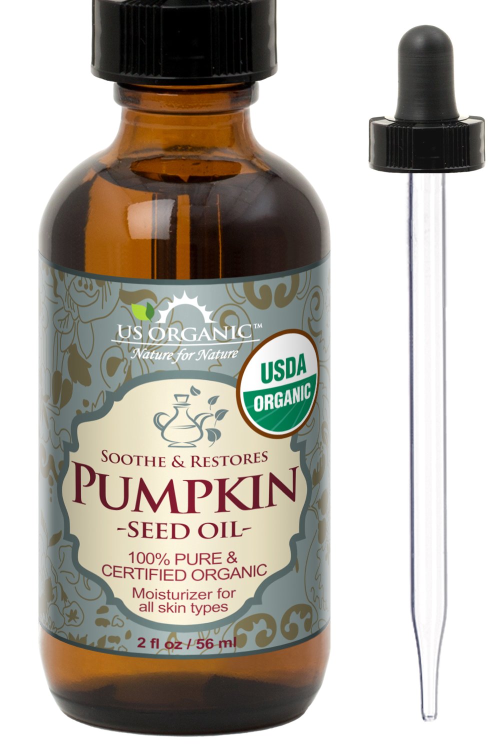 US Organic Pumpkin Seed Oil, USDA Certified Organic, Pure, Natural, Cold Pressed Virgin, Unrefined in Amber Glass Bottle w/Glass Eyedropper (Small (2 Beauty & Personal Care US Organic