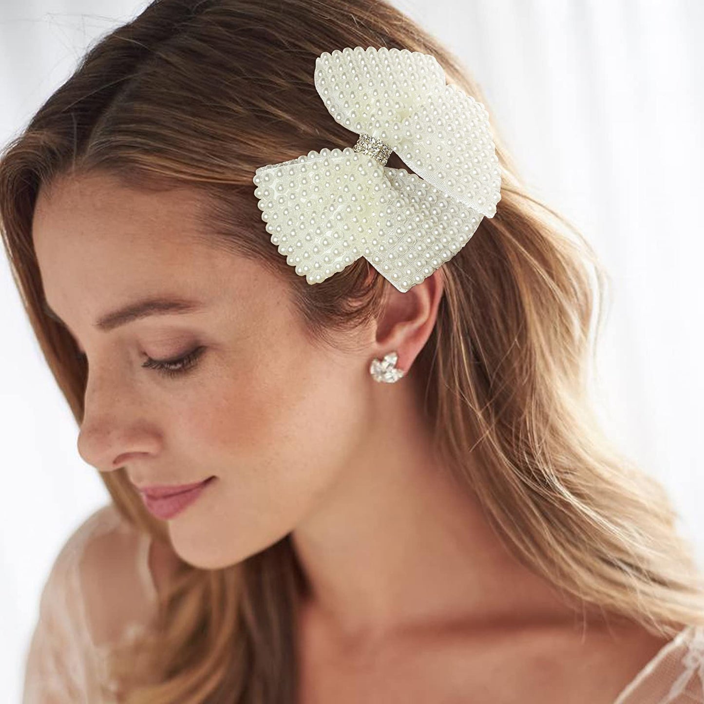 Pearls White Hair Bows for Girls, 4 Pieces Elegant Flower Rhinestone Alligator Hair Clips Beads Hairgrip for Women Teens Beauty & Personal Care BETITETO