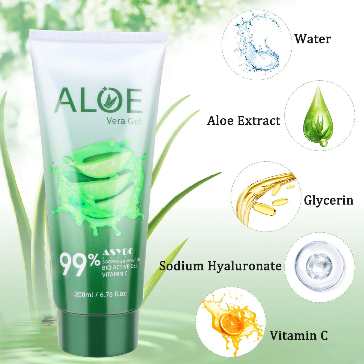ASYBO 200x2 ML Aloe Vera Gel - 99% Organic Pure Aloe Vera Hydrating Face & Body Moisturizer, Natural Aloe Cream for Dry Skin, Sunburn, Acne, Soothing Beauty & Personal Care ASYBO