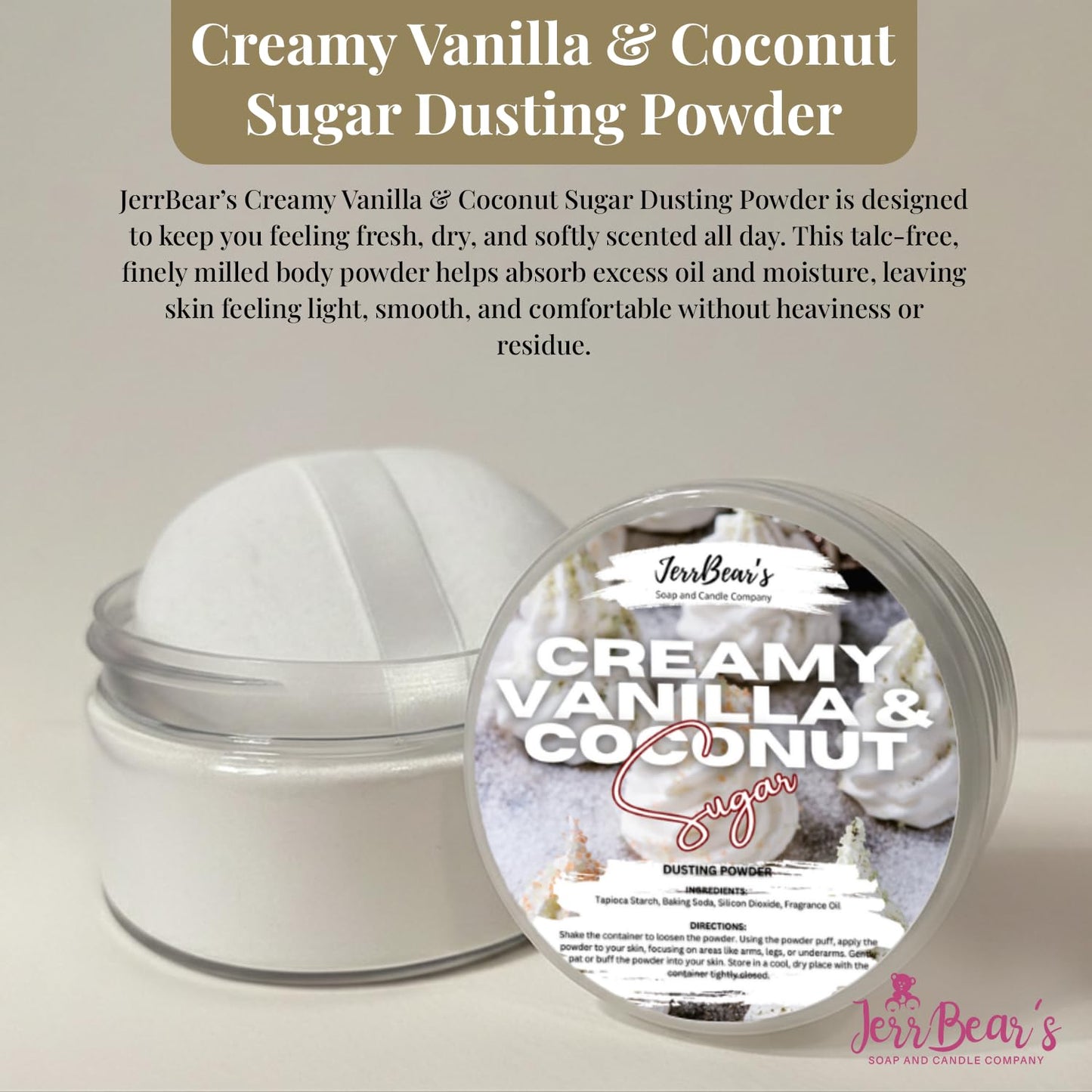 JerrBear’s Creamy Vanilla & Coconut Sugar Dusting Powder, Talc Free Body Formula for Women, Gentle Powder for Daily Freshness, (4oz Jar) Beauty & Personal Care JerrBear’s