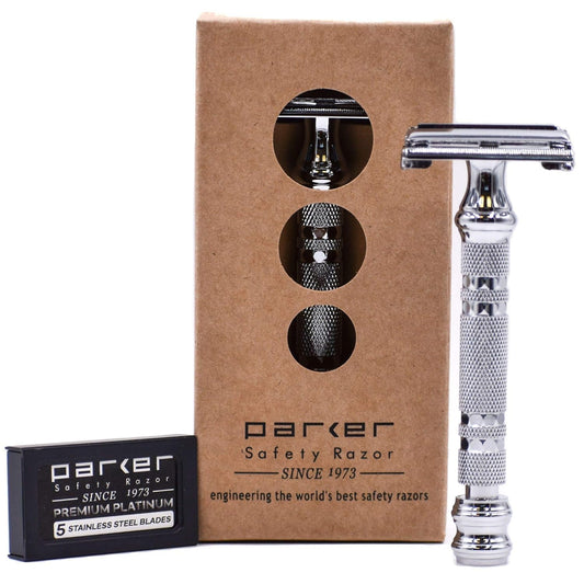 Parker 66R Long Handle Butterfly Safety Razor - Twist-to-Open Brass Frame with Textured Chrome Finish for Close, Comfortable Shaves - 5 Blades Beauty and Personal Care Parker Safety Razor