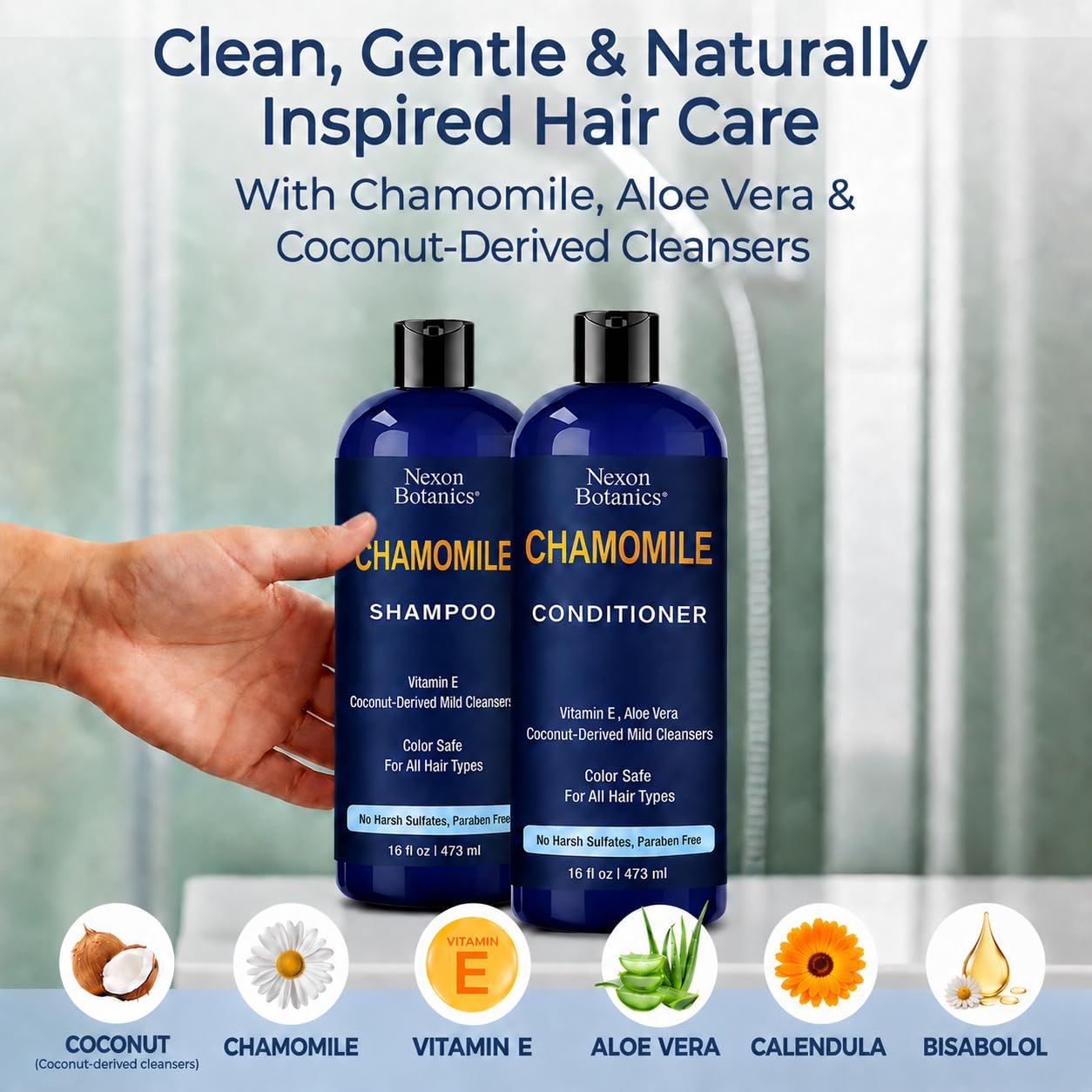 Chamomile Shampoo and Conditioner Set 16 fl oz - No Harsh Sulfates, Clarifying for Oily Dry and Frizzy Hair - Color Safe - Champu de Manzanilla Beauty & Personal Care Nexon Botanics