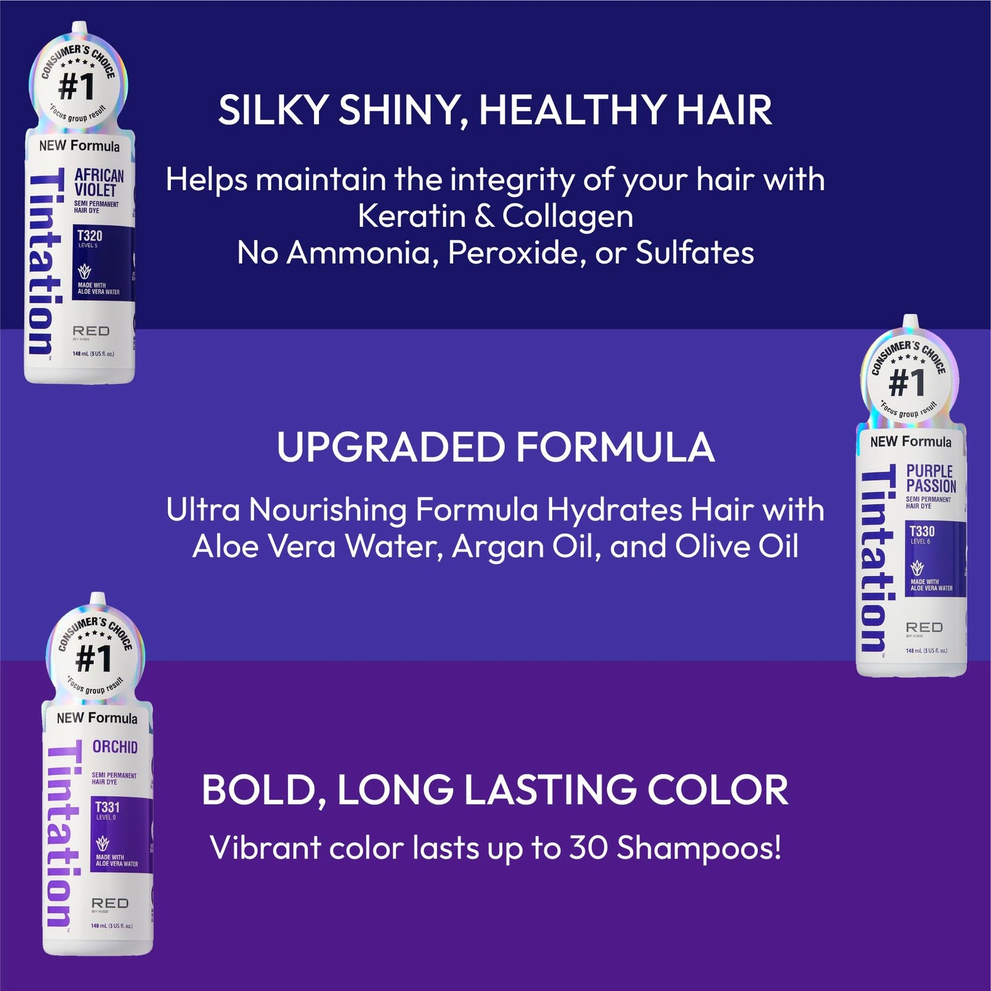 Red by Kiss Tintation Semi-Permanent Hair Color, Aloe Vera Water Based, Argan Oil, Olive Oil, Collagen & Keratin, Long-Lasting Color Dye (Orchid, 5 Fl Beauty & Personal Care Red By Kiss