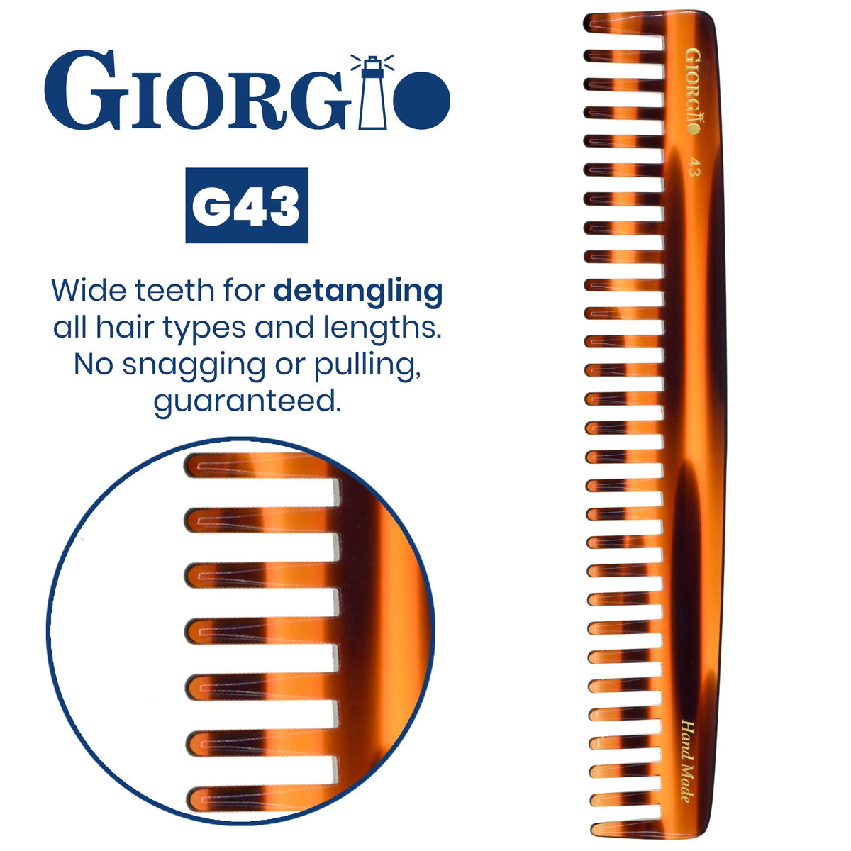 Giorgio G43 Large 7.25 Inch Detangling Comb, Wide Teeth for Thick Curly Wavy Hair. Long Hair Detangler Comb For Wet and Dry. Handmade of Quality