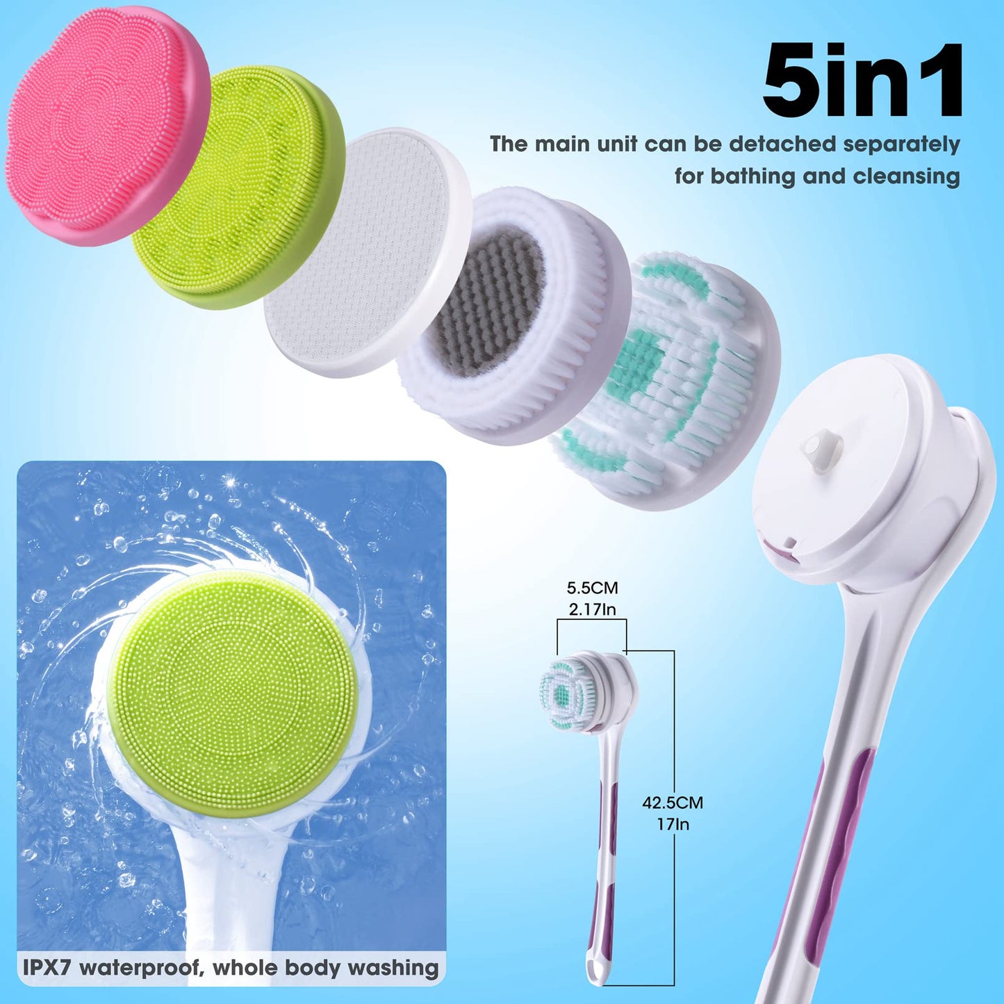 SoulBay Electric Body Brush with 5 Attachments: Rechargeable Back Brush IPX7 Long Handle Exfoliating Spin Scrubber for Shower Bathing Cleansing Wash Beauty & Personal Care SoulBay