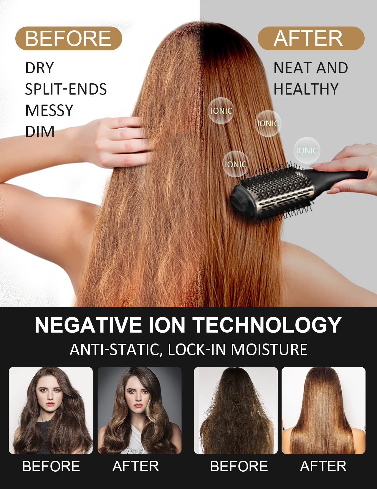 Hot Air Hair Blow Dryer Brush - 3 in 1 Negative Ionic Hairdryer Blowout Brush for Drying Straightening Volumizing - 60mm Oval Barrel fit All Hair Beauty & Personal Care LANDOT