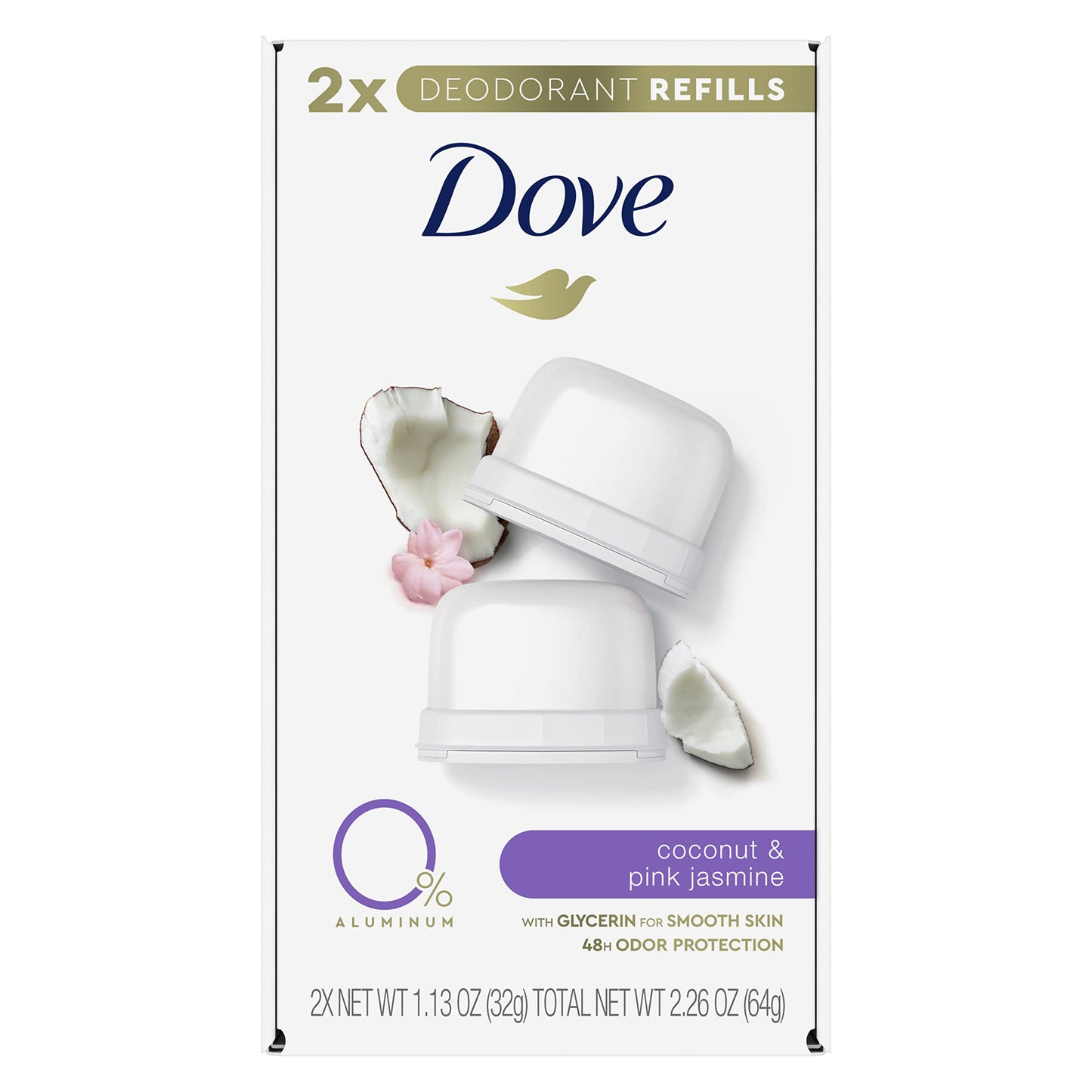 Dove Refillable Deodorant Refill Kit Deodorant For Women Coconut & Pink Jasmine 0% Aluminum 1.13 oz 2 Refills Beauty and Personal Care Dove