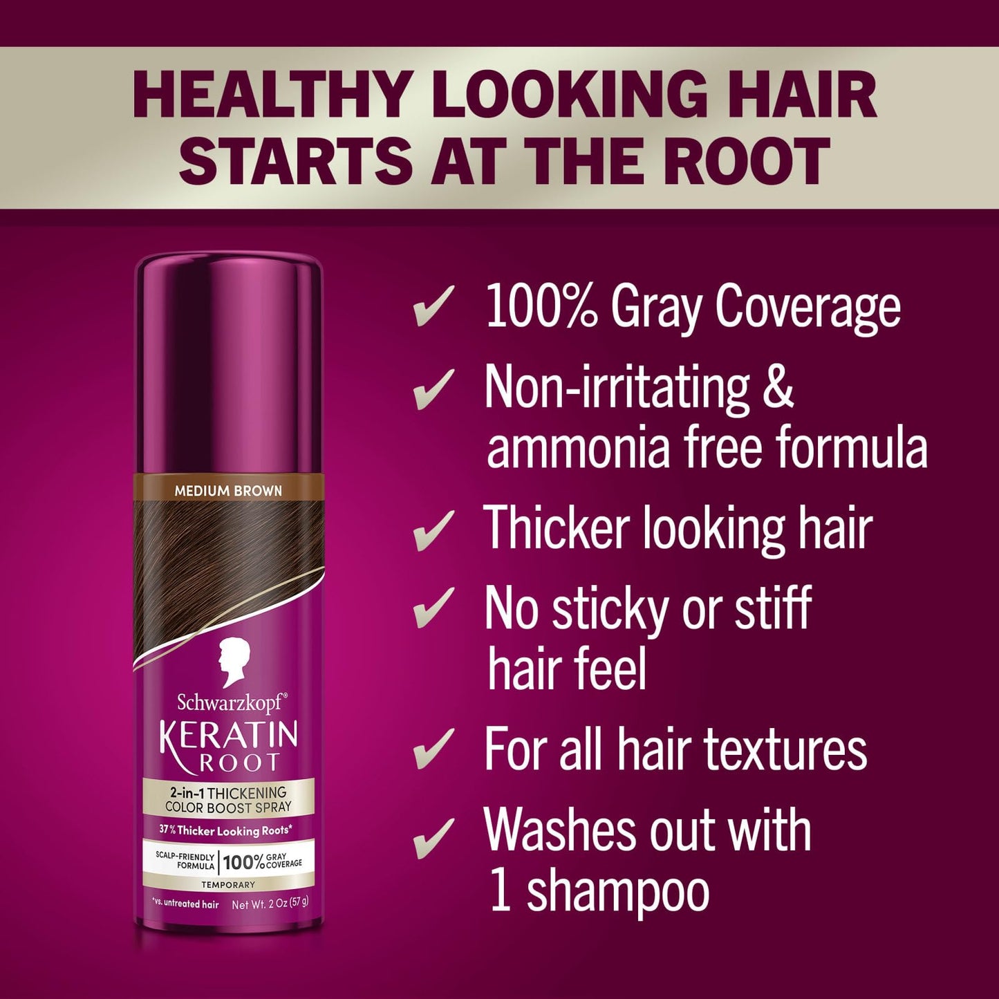 Schwarzkopf Keratin Color Root Temporary Hair Color Spray, Medium Brown, Instant Gray Coverage, Thicker, Fuller-Looking Roots, Easy-to-Use, No Beauty & Personal Care Schwarzkopf