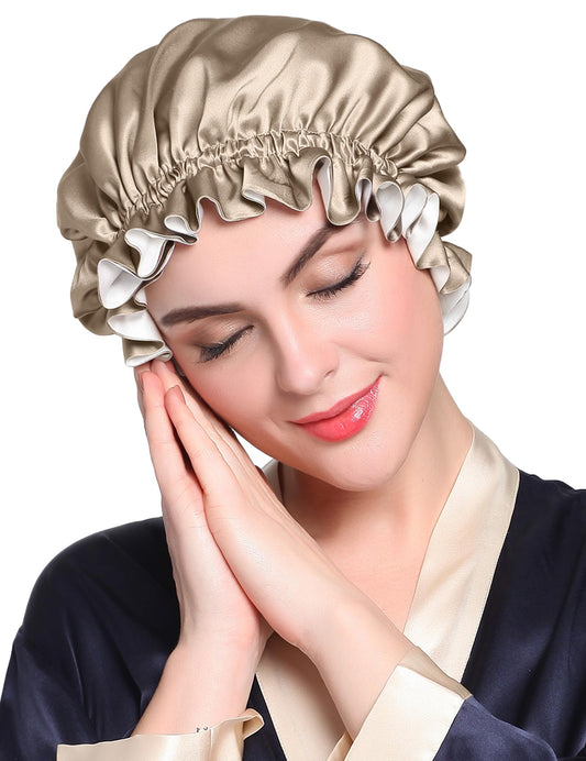 LilySilk Pure Silk Lined Cap for Women Sleep, Double Layered, Adjustable Ribbons, Luxury Natural Silk Bonnet Cap for Sleeping Coffee+White Beauty and Personal Care LilySilk