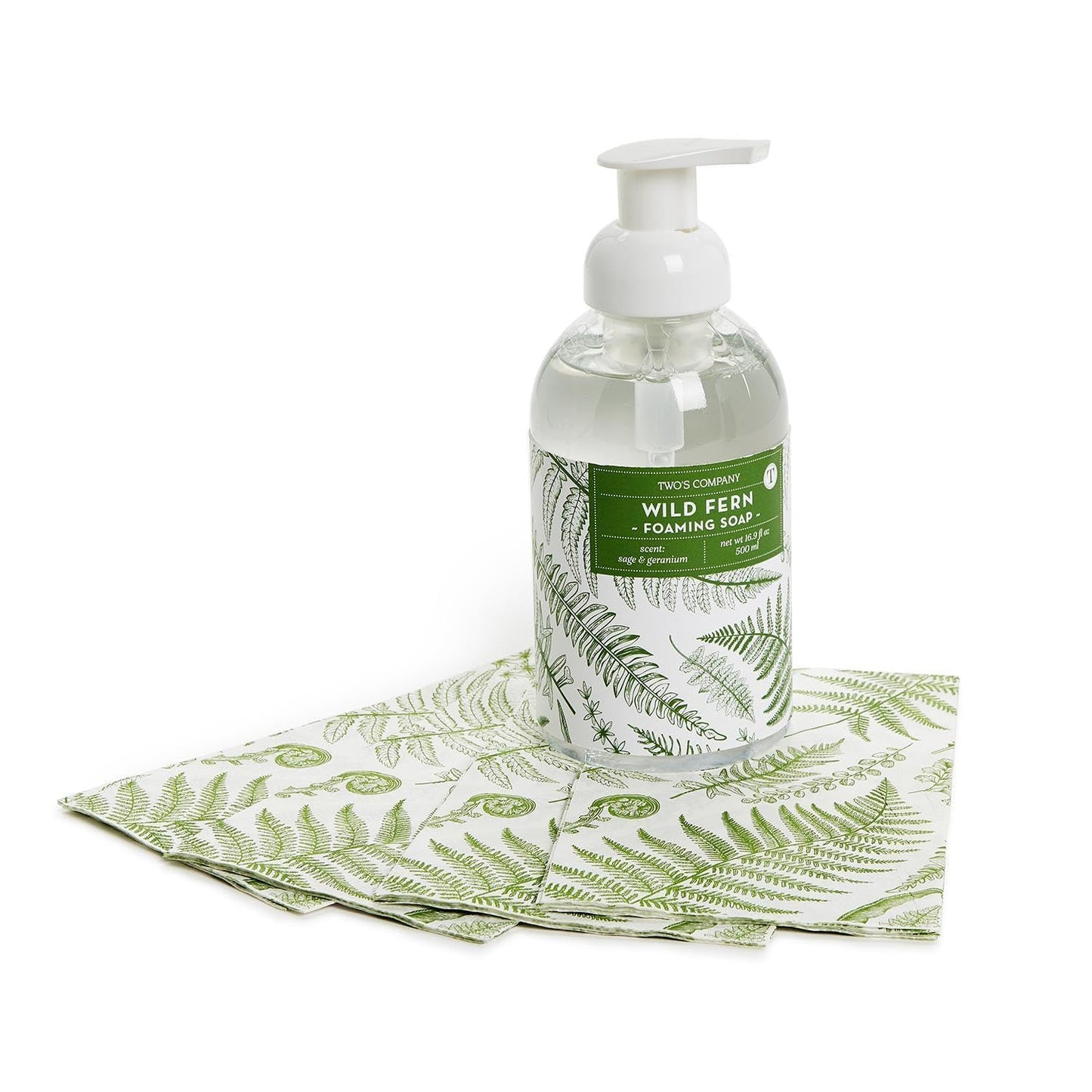 Two's Company Wild Fern Foaming Hand Soap 16.9 oz with 20 Disposable Guest Towels - Sage Geranium Scent Bathroom Set Beauty & Personal Care Two's Company