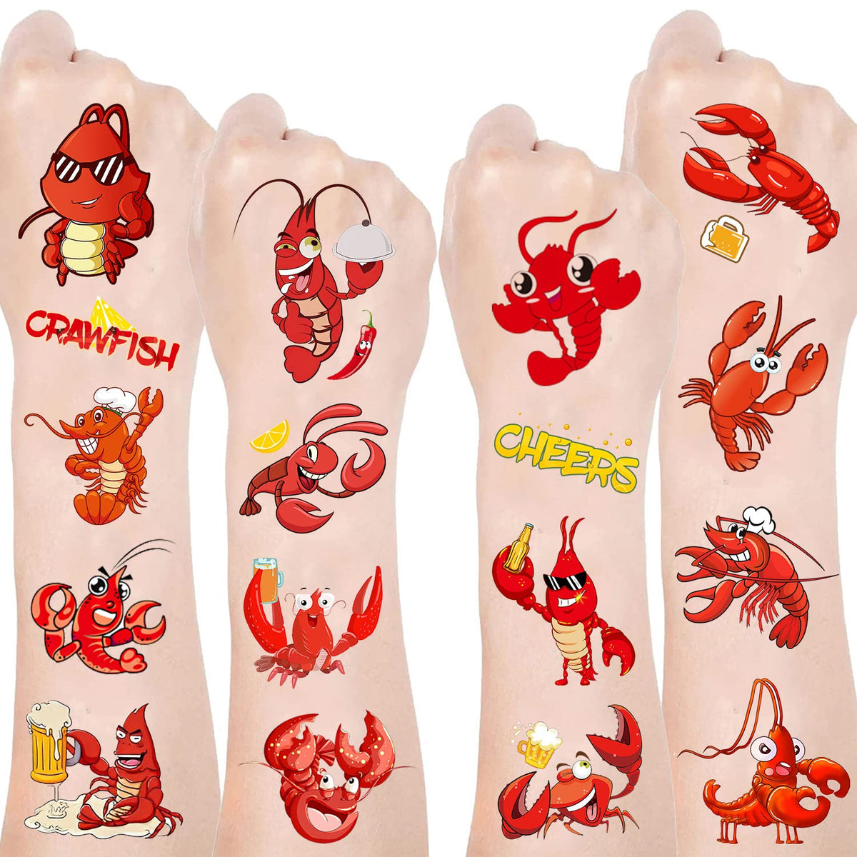 Crawfish Party Favor 24Sheets(144PCS) Crawfish Temporary Tattoosfor Crawfish Boil Party Supplies Lobster Party Decorations, Summer Picnic, Baby Shower