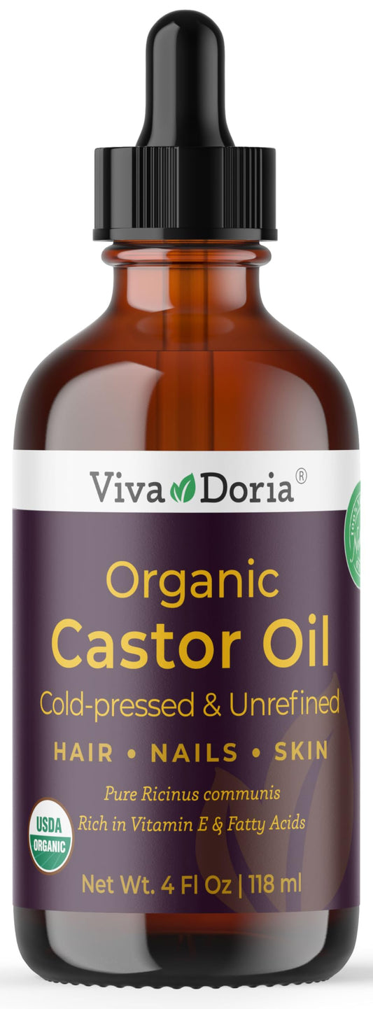 Viva Doria Organic Castor Oil, 4 Fl Oz | Virgin, Cold Pressed, Hexane-Free, Vegan | Nourishing Hair & Skin Care | Eyelash & Brow Serum | Glass Bottle Beauty & Personal Care Viva Doria