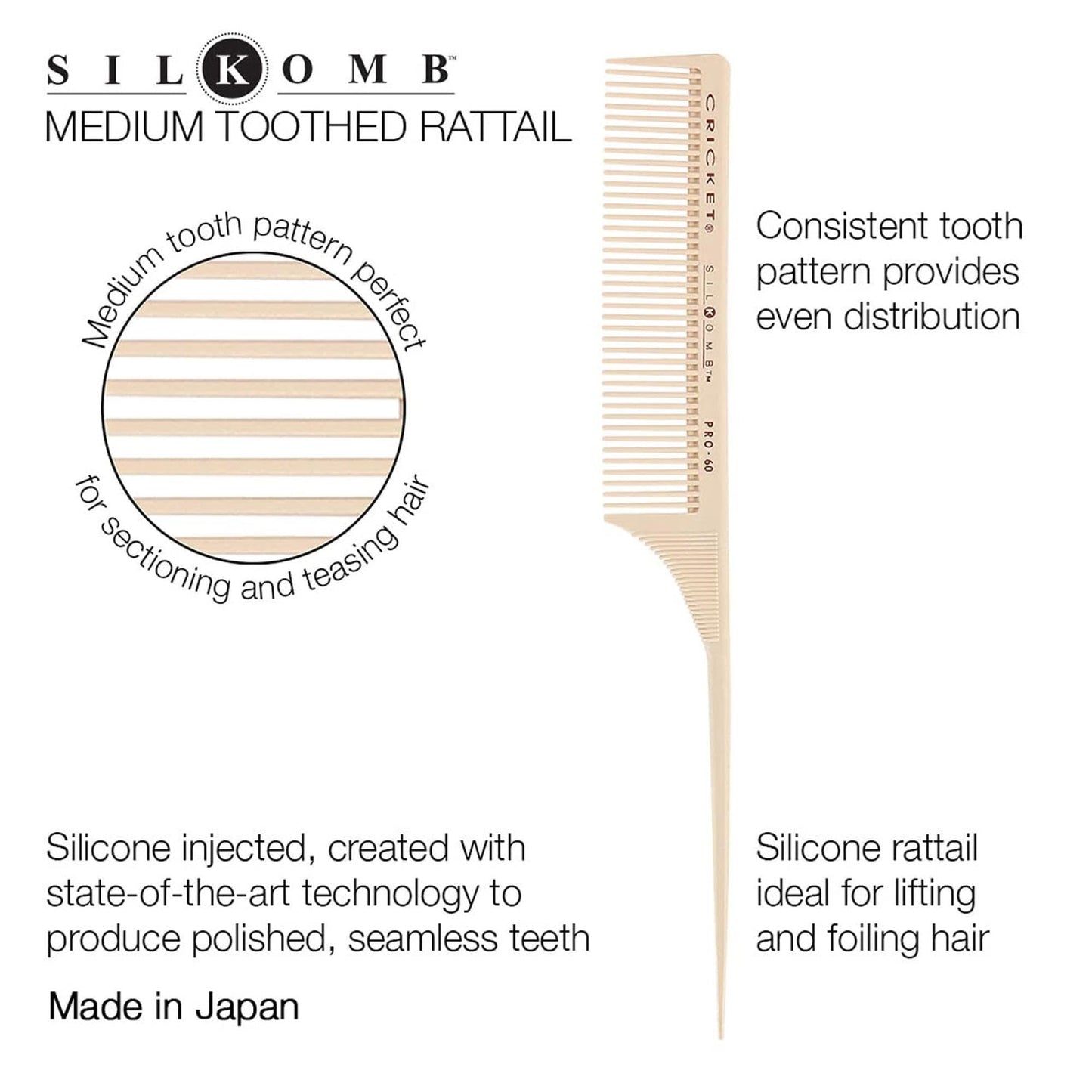 Cricket Silkomb Pro-60 Medium Tooth Rattail Comb - Japanese-Made, Silicone-Injected Design with Seamless Teeth for Precision Sectioning, Teasing Beauty & Personal Care Cricket