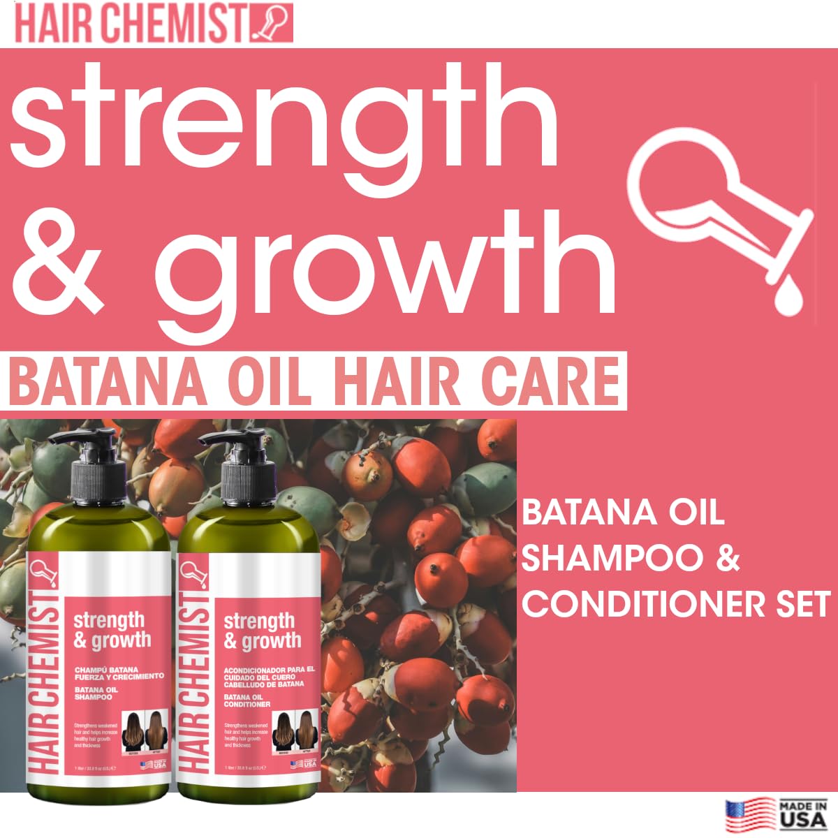 Hair Chemist Strength & Growth Batana Oil Shampoo and Conditioner Set 33.8 oz. (2-PC Set) - Batana Shampoo and Conditioner for Hair Growth, Thickening Beauty & Personal Care Hair Chemist