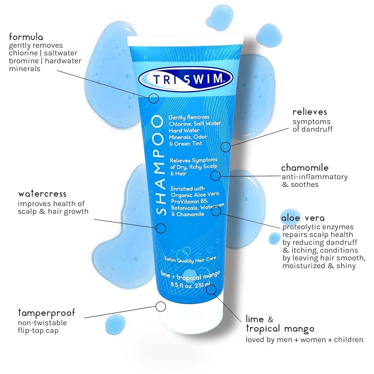 TRISWIM Chlorine Removal Shampoo 8.5 Fl Oz | Gently Removes Chlorine, Salt Water, and Hard Water Buildup | Relieves Dry and Itchy Scalp | Enriched Beauty & Personal Care TRISWIM