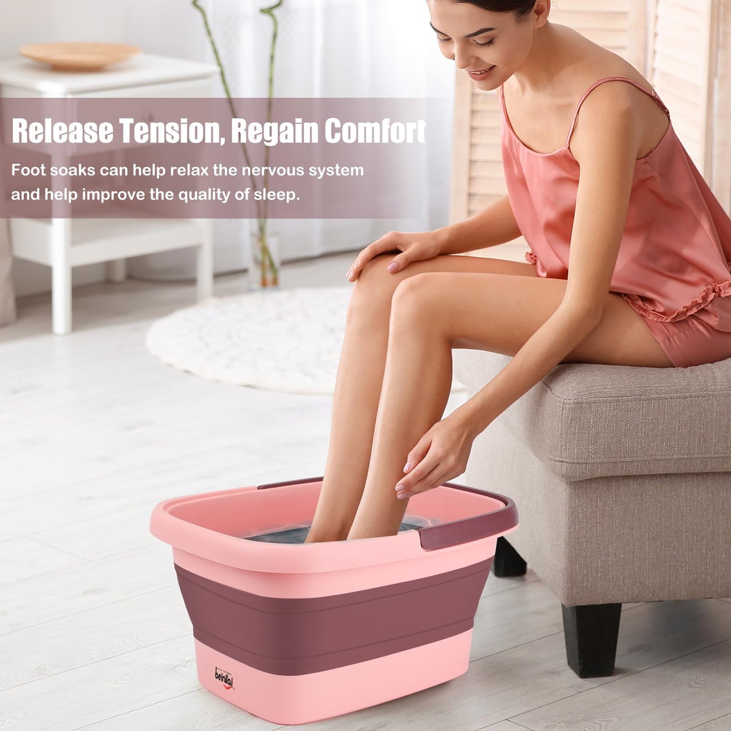 Foot Bath Collapsible Foot Soak Tub,Beinilai Collapsible Foot Bath Basin,Multifunction Plastic Basin with Handles,Foot Tub for Soaking Feet-Pink Beauty and Personal Care Beinilai