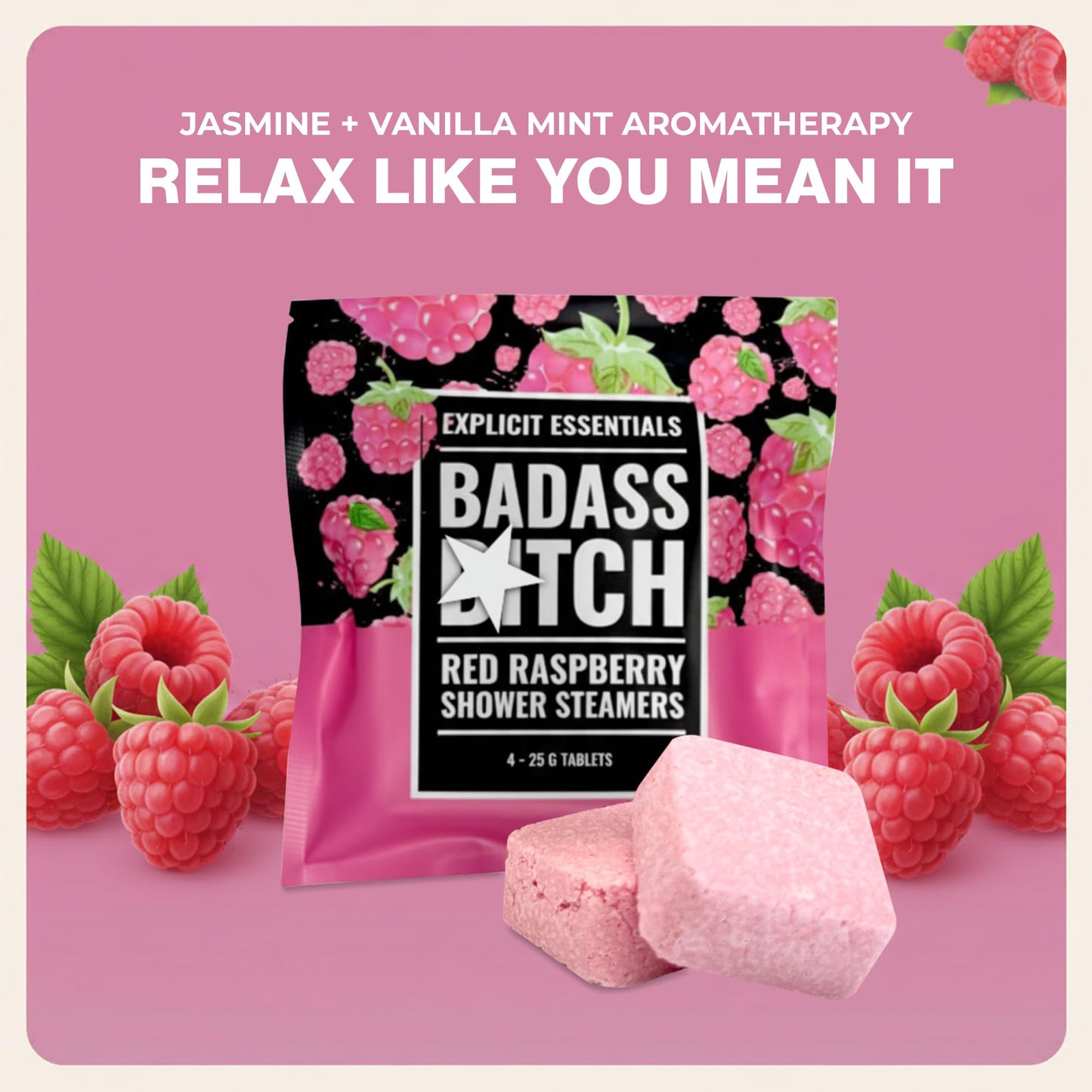 Explicit Essentials Bad Ass B Shower Steamers - Sweet Red Raspberry Aromatherapy Shower Steamers - Bold Self-Care Gift for Women - Relaxing Beauty and Personal Care Explicit Essentials