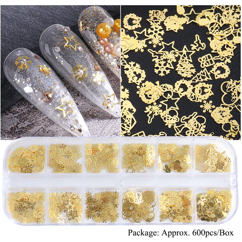 Christmas Nail Art Glitter, 12 Grids Gold Snowflake Nail Charms Snowflakes Snowmen Elk Bell Gift Xmas Tree Christmas Nail Design Winter Confetti Beauty & Personal Care Tyemp