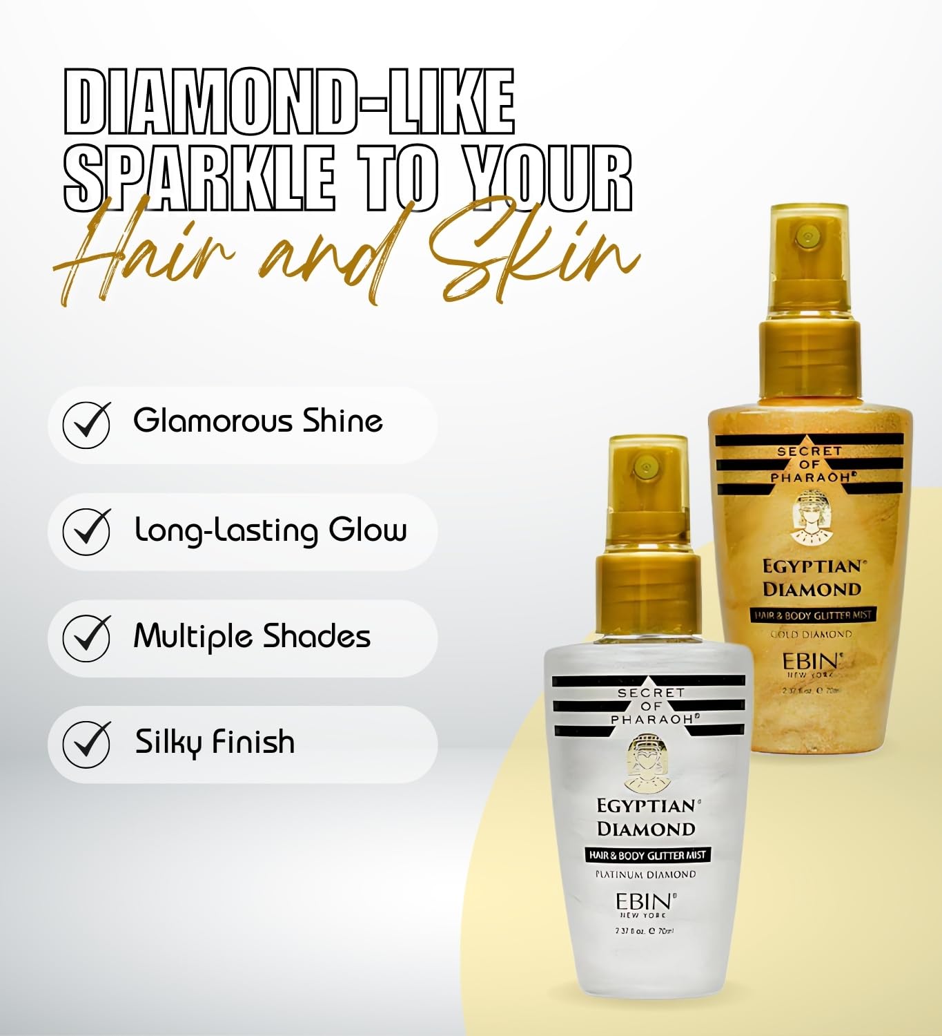Secret of Pharaoh Egyptian Diamond Platinum Bundle with Gold Body Glitter Spray 2.37 Fl Oz Each by EBIN New York - Shiny Glitter Spray for Hair Beauty & Personal Care EBIN NEW YORK