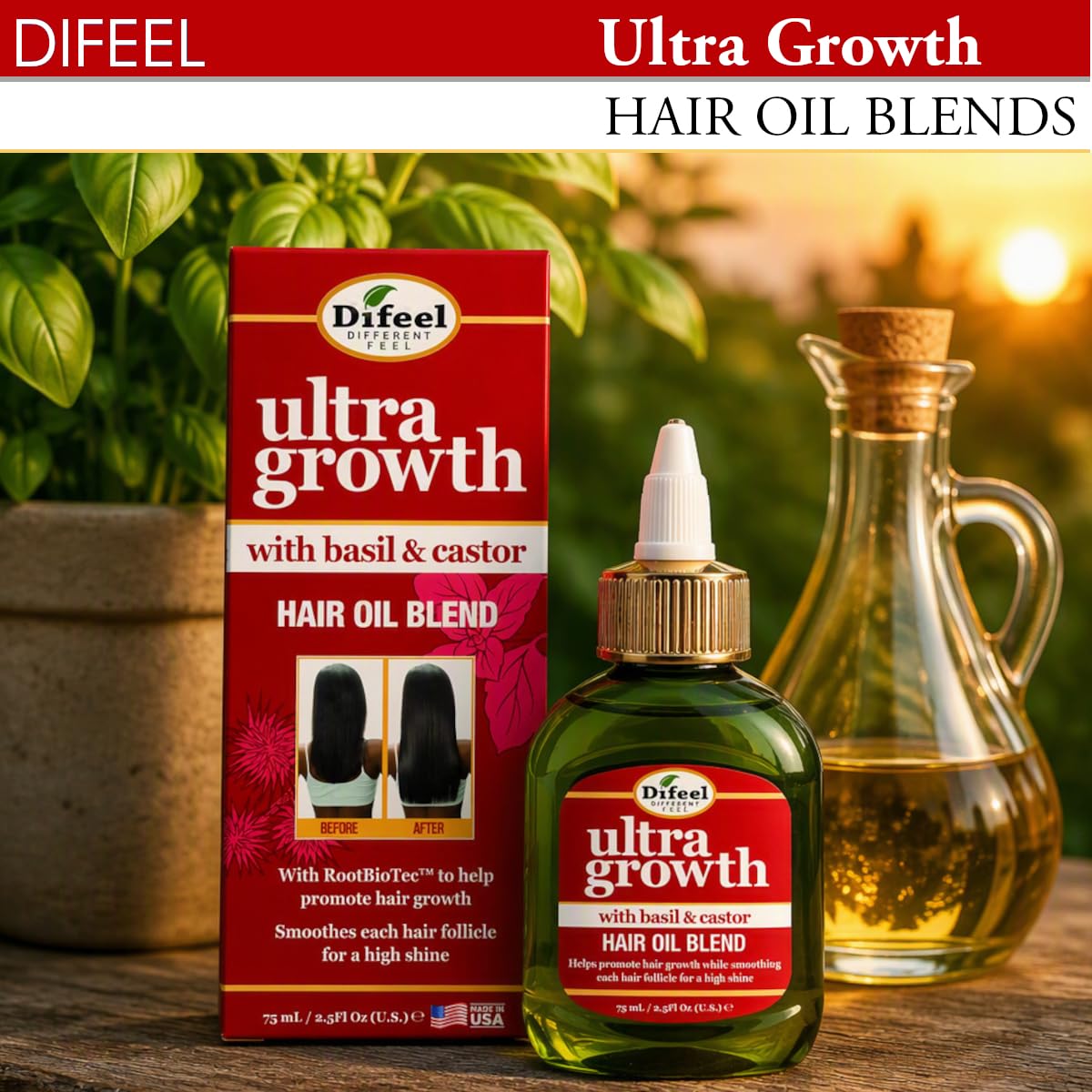 Difeel Ultra Growth Basil & Castor Hair Oil Blend - Travel Size 2.5 ounce (2-PACK)