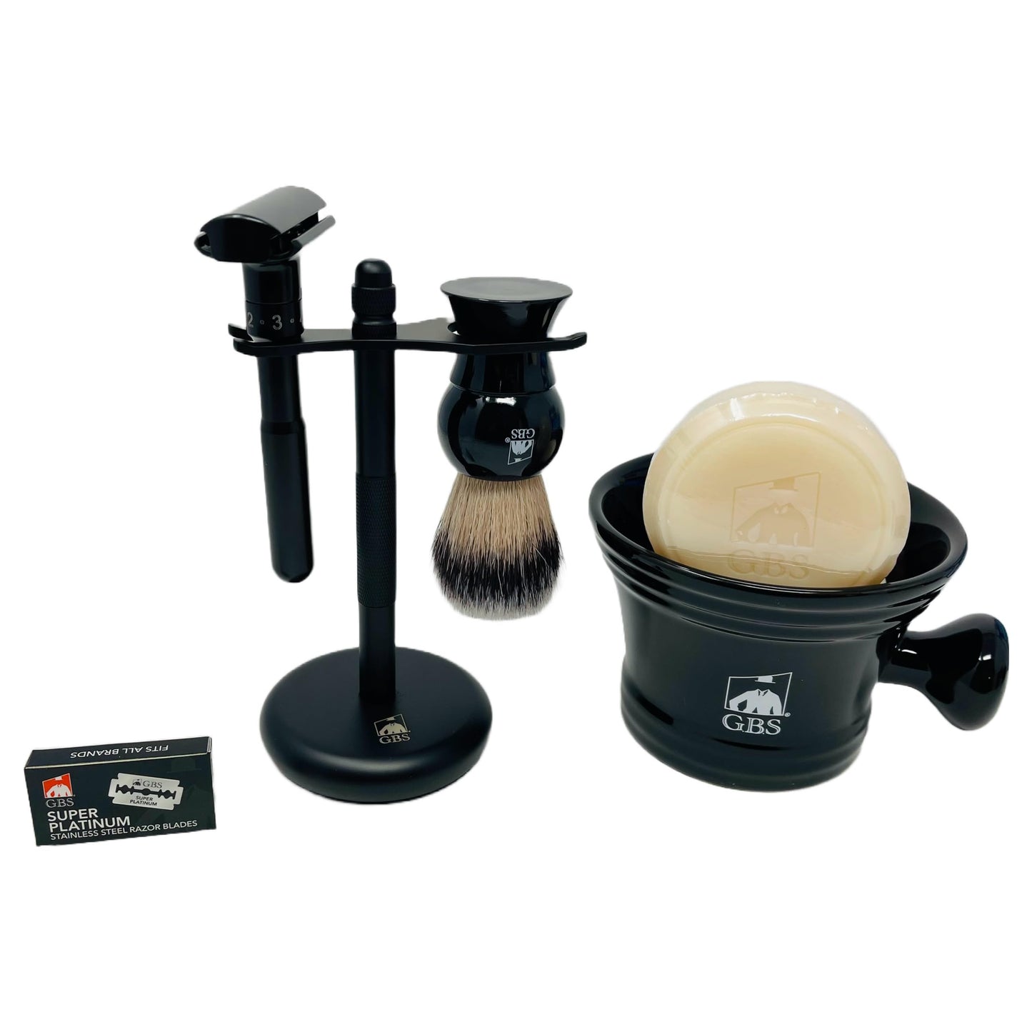 G.B.S Black Adjustable Double Edge Safety Razor and 10 Refill Blades, Shaving Brush, Shaving Soap Mug with Knob Handle, Dual Stand Brush Gift Set Beauty and Personal Care G.B.S