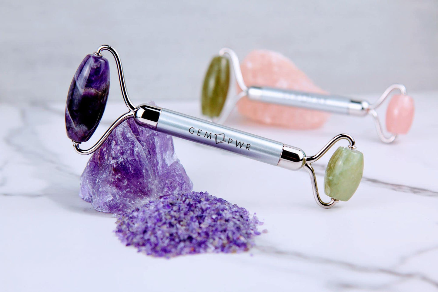 GEM PWR Amethyst + Jade Roller for Face and Neck Massage, Dual Gemstones with Durable Steel Handle and Travel Bag. Minimize Wrinkles, Reduce Puffiness Beauty & Personal Care GEM PWR