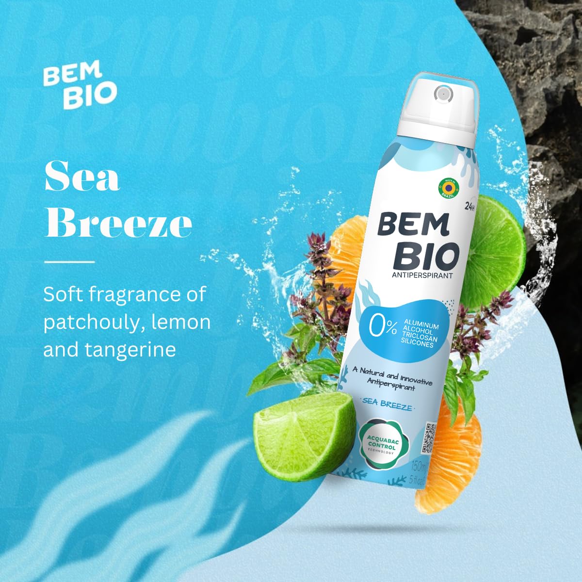 Bem Bio Sea Breeze Biotranspirant Deodorant Natural, Aluminum-Free, Vegan, 24-Hour Protection, 150ml (5.07 fl oz) Beauty and Personal Care BEM BIO