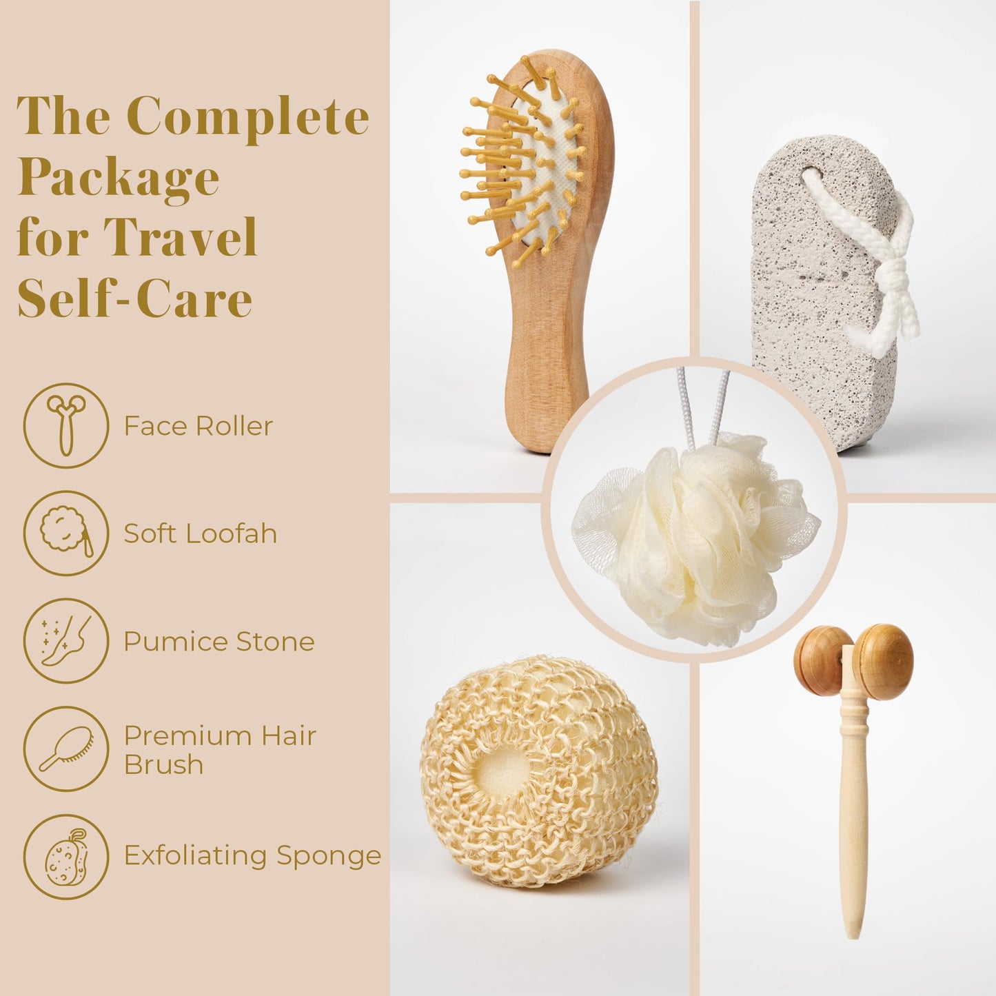 Bella Ciao 6-Piece Body and Skincare Set, Women’s Spa Gift Basket with Face Massage Roller, Hair Brush, Exfoliating Tools and Wooden Tray, Self Care Beauty and Personal Care Bella Ciao