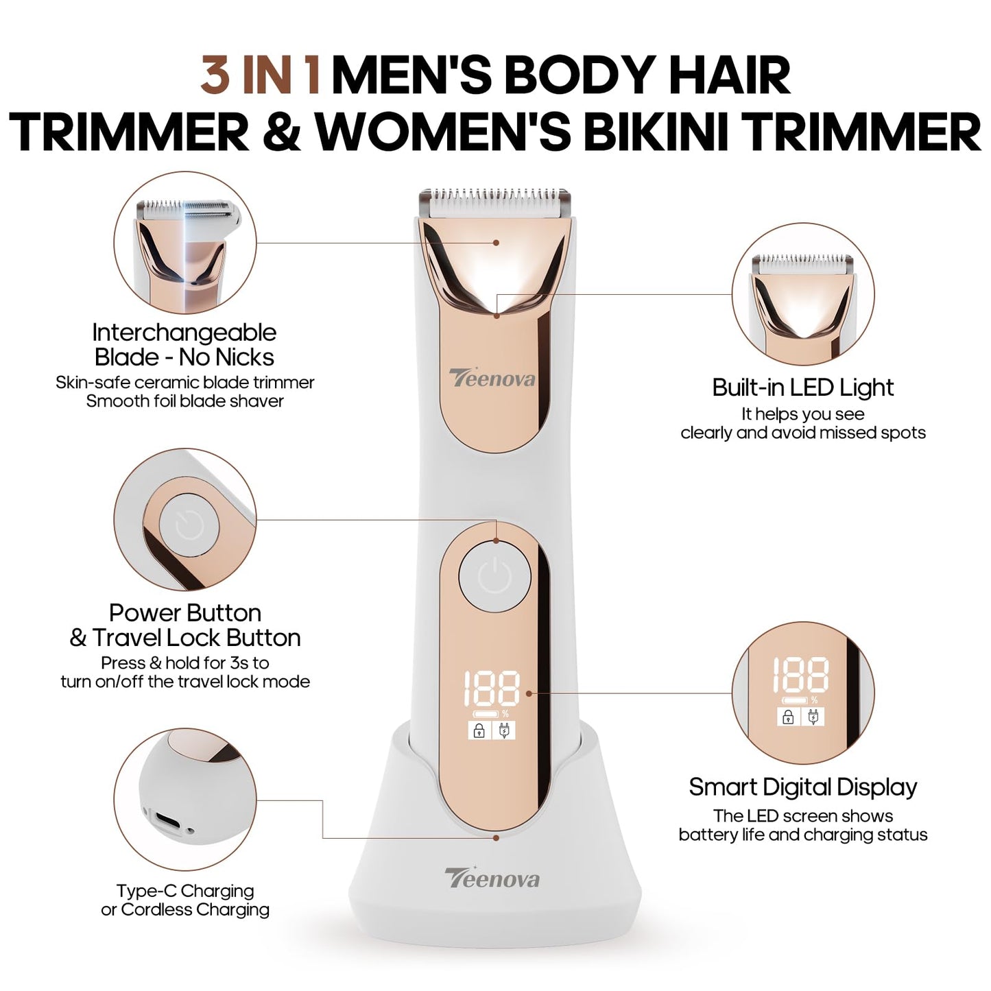 TEENOVA Manscape Body Hair Trimmer for Men, No Nick Pubic Bikini Trimmer for Women, 3 in 1 Versatile Groin Shaver with Nose Hair Trimmer, Cordless Beauty and Personal Care TEENOVA