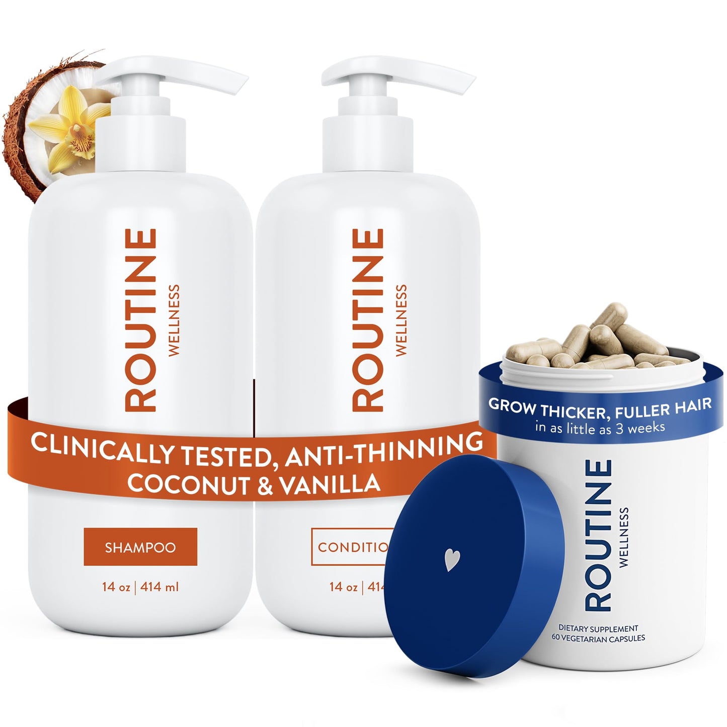 Routine Wellness Hair Thinning System, Anti-Thinning Shampoo & Conditioner Set Coconut & Vanilla + Hair Growth Supplement, Clinically Tested Beauty & Personal Care Routine Wellness