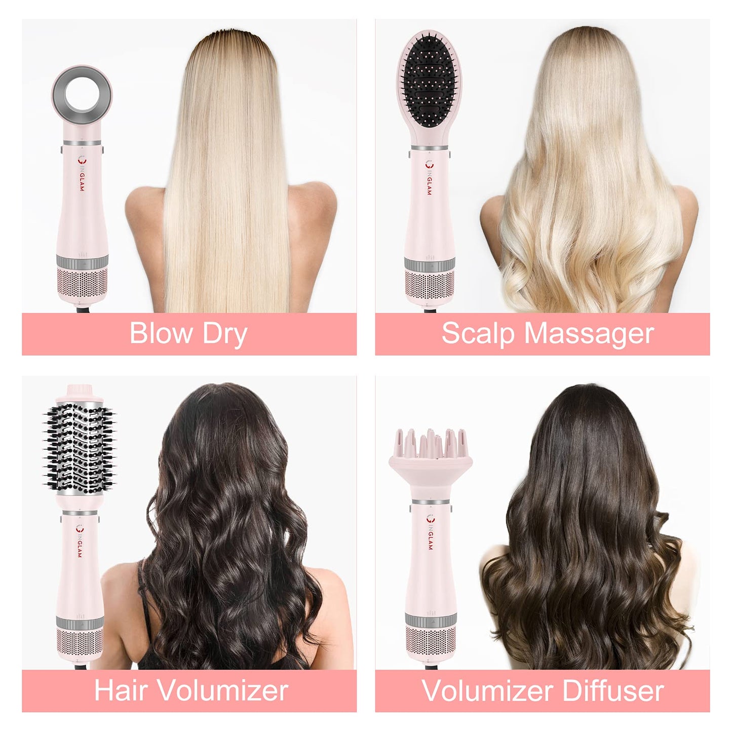 IG INGLAM 4 in 1 Blowout Hair Dryer Brush Set - Negative Ion Detachable Hair Dryer, Volumizer Styler with 2 Brush Heads, Pink Beauty & Personal Care IG INGLAM