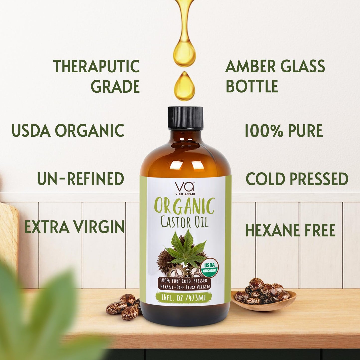 VITAL AFFAIR Pure Castor Oil Organic Cold Pressed Unrefined Glass Bottle-USDA Certified for Castor Oil Pack Wrap for Face,Hair Beauty & Personal Care VITAL AFFAIR