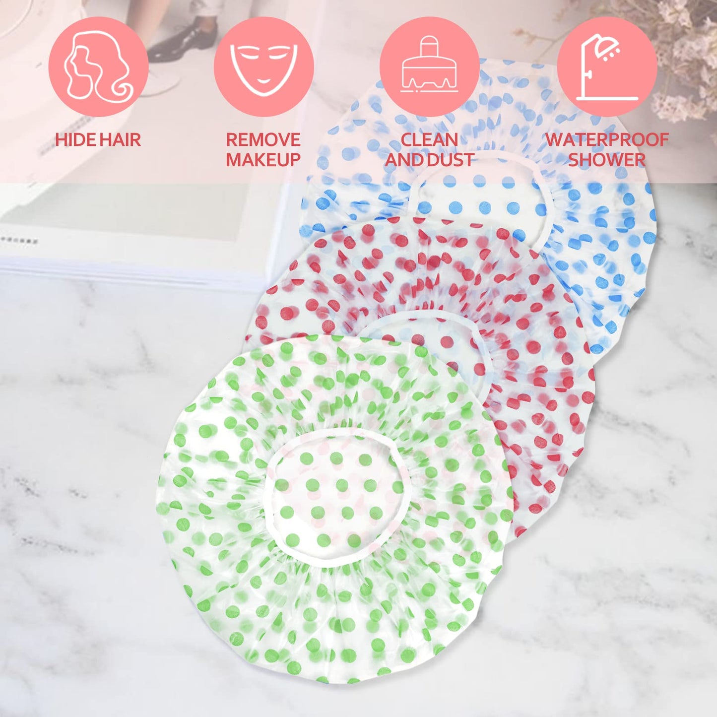 6PCS Shower Caps, Elastic Reusable Waterproof Plastic Shower Cap for Women Ladies Spa Salon (Red+Green+Blue) Beauty and Personal Care Fouews
