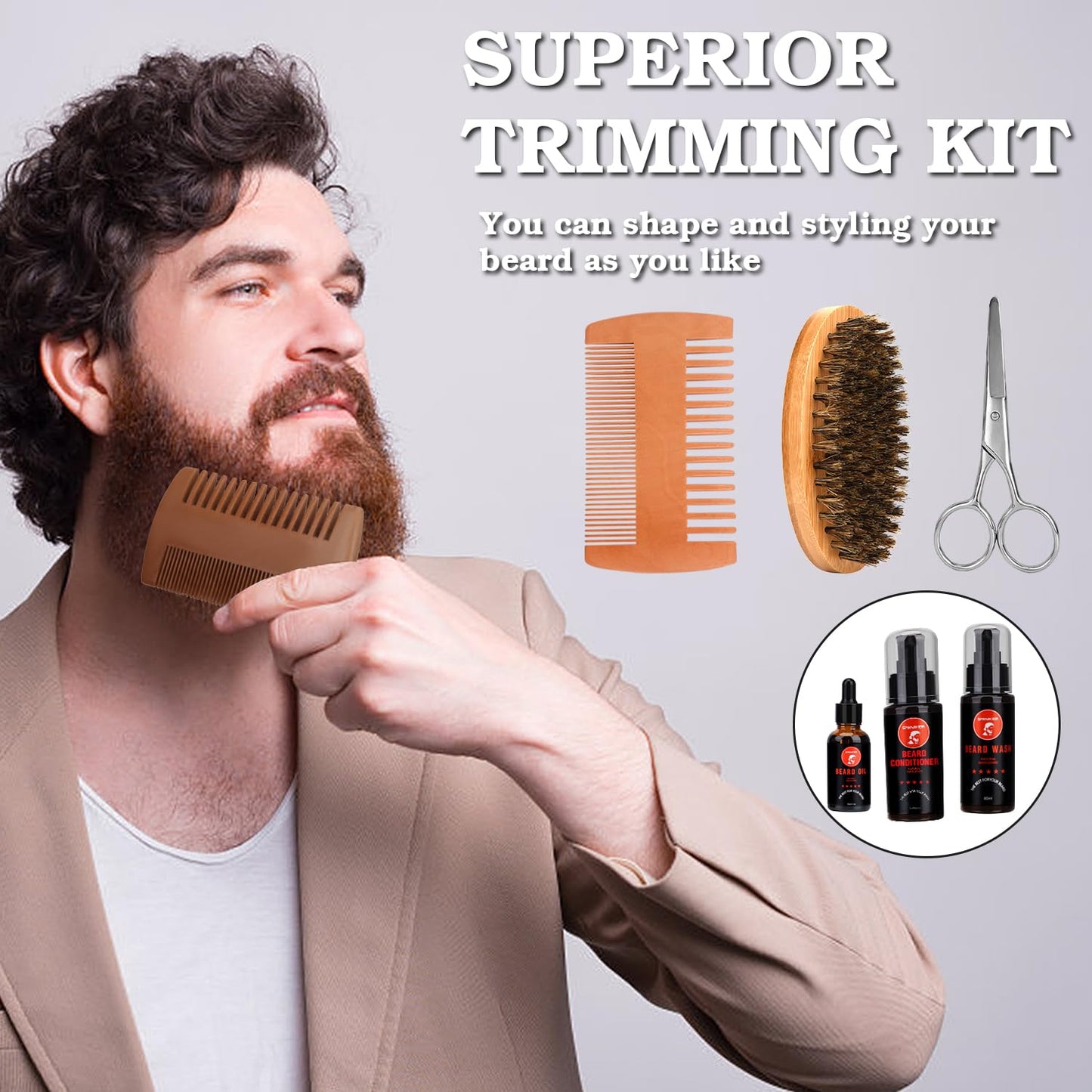 SMINIKER Beard Grooming Kit, Beard Oil, Beard Balm, Beard Shampoo, Beard Conditioner, Beard Brush, Beard Comb and Beard Mustache Scissors Beard Care Beauty & Personal Care SMINIKER