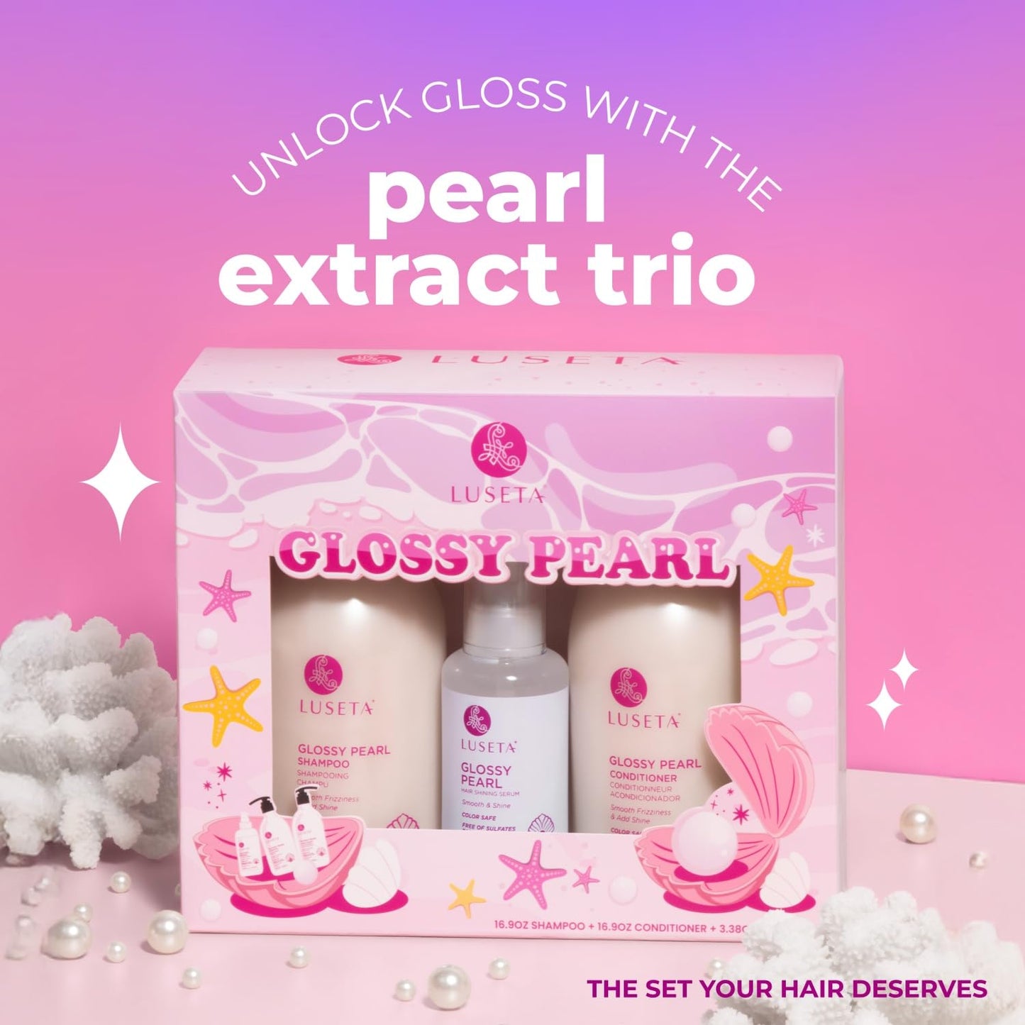 Luseta Glossy Pearl Trio Hair Care Set Smoothing & Moisturizing Shampoo and Conditioner Hydrating Hair Oil Detangle,Nourish Strands Add Shine Beauty & Personal Care L LUSETA