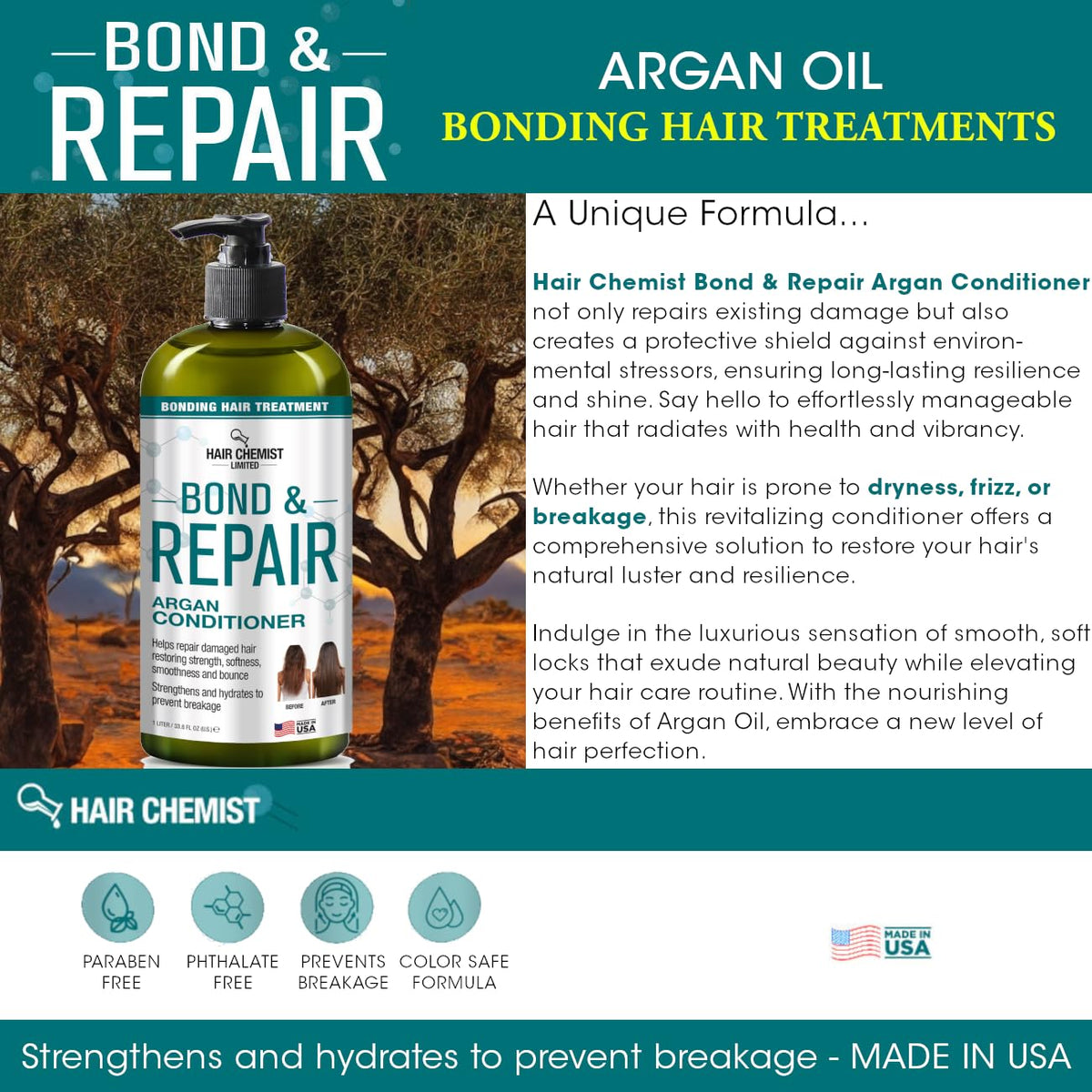 Hair Chemist Bond & Repair Bonding Hair Treatment Argan Conditioner for Damaged Hair 33.8 oz. | Bonding Conditioner for Damaged Hair | Repairing Hair