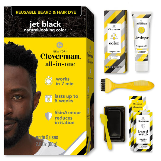 Reusable Hair & Beard Dye for Black Men - Jet Black 1.7 | Up to 5 Uses, 7 Minutes | Natural Gray Coverage, No-Drip Cream with SkinArmour® - Cleverman Beauty & Personal Care CLEVERMAN
