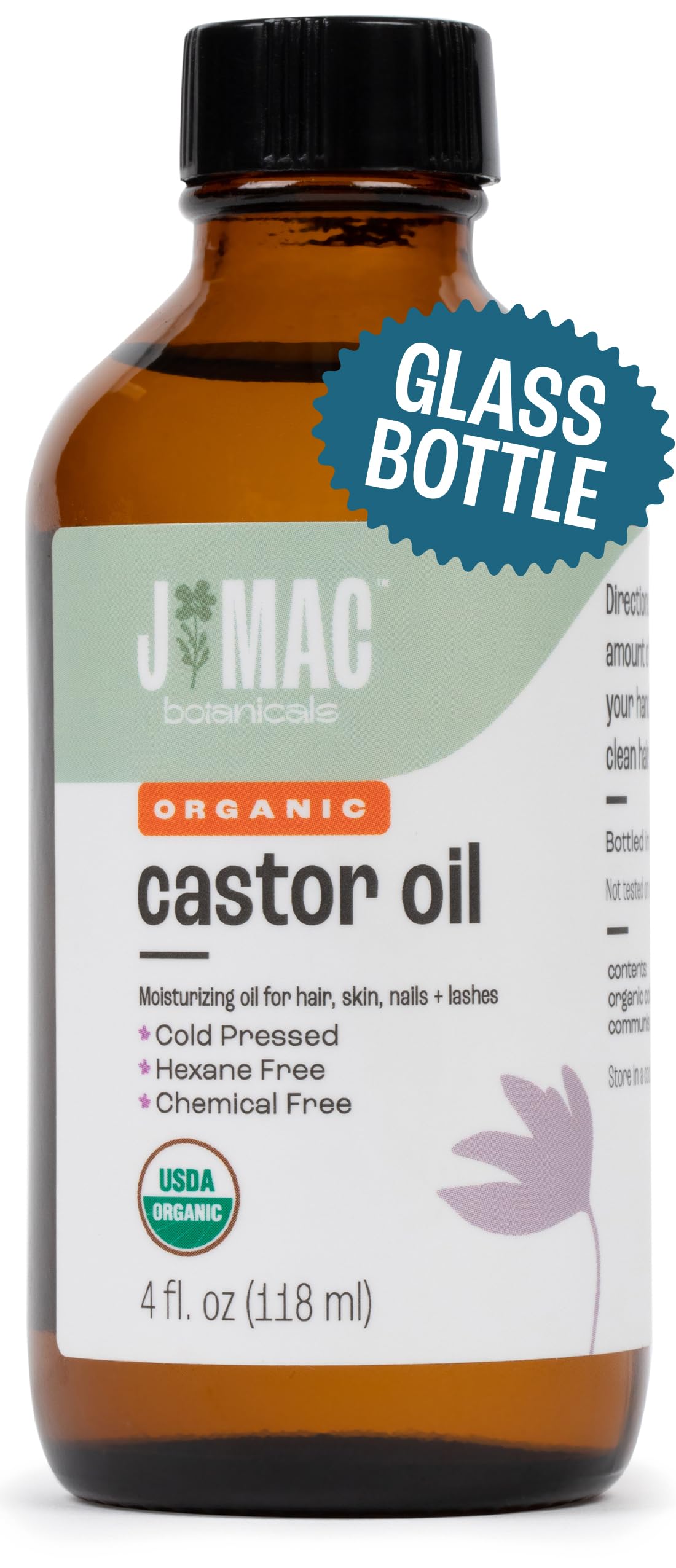 J MAC BOTANICALS Organic Castor Oil Cold Pressed (Glass Bottle, 4 oz, NO DROPPER), pure hexane free castor oil for face, skin, eyelashes Beauty & Personal Care J MAC BOTANICALS