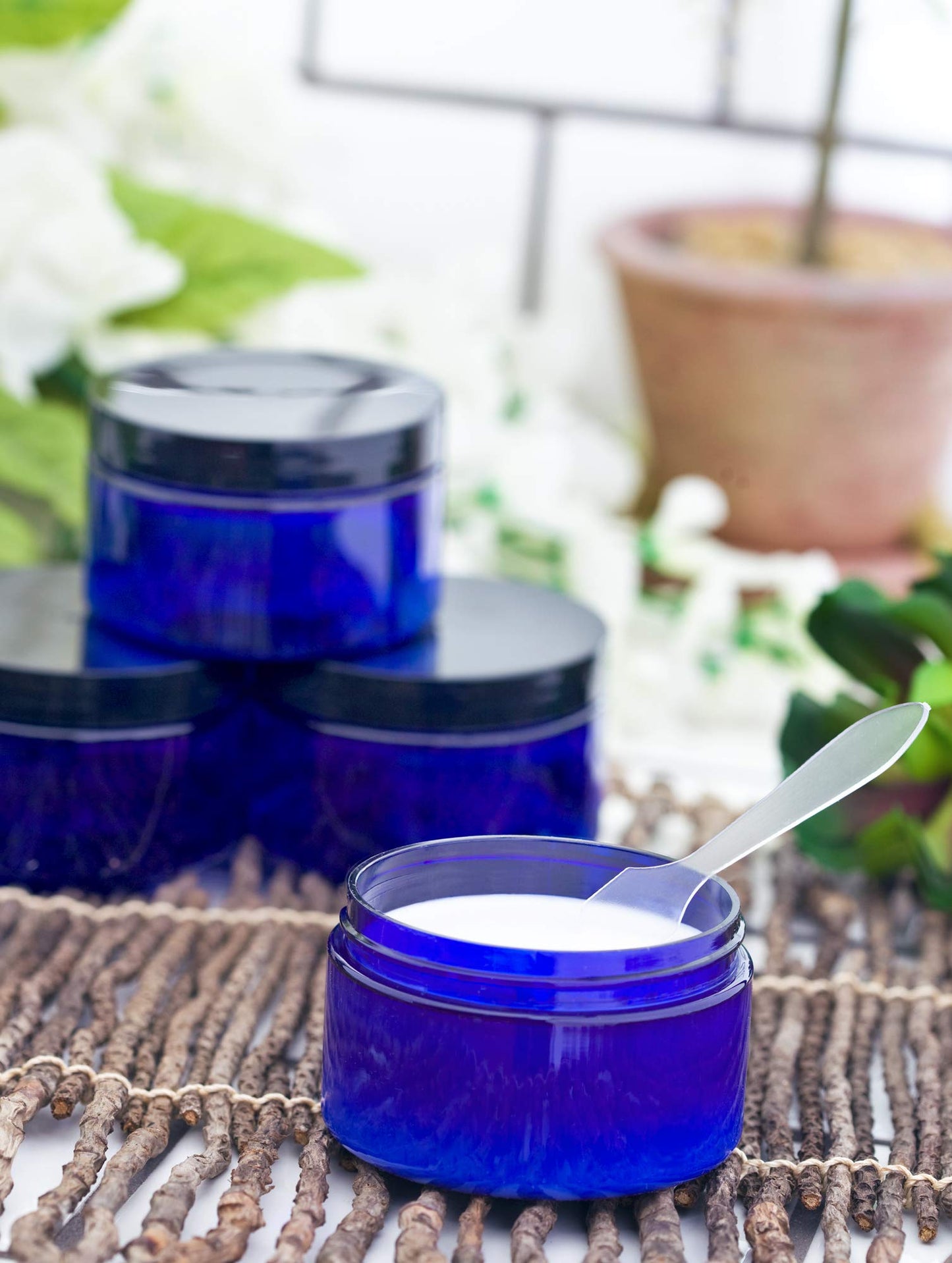 2 oz Cobalt Blue Heavy Wall Plastic Refillable Low Profile Jar with Black Lid (6 pack) Beauty & Personal Care JUVITUS
