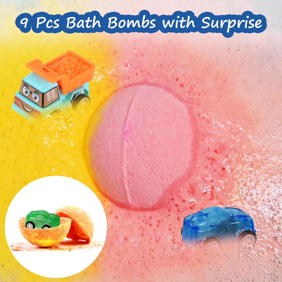 Bath Bombs for Kids with Toys Inside, 9 Pack Handmde Bath Bombs Set with Pull-Back Cars Inside, Rich Foam Color Bubble Set Boys Girls for Skin Beauty and Personal Care Excalla