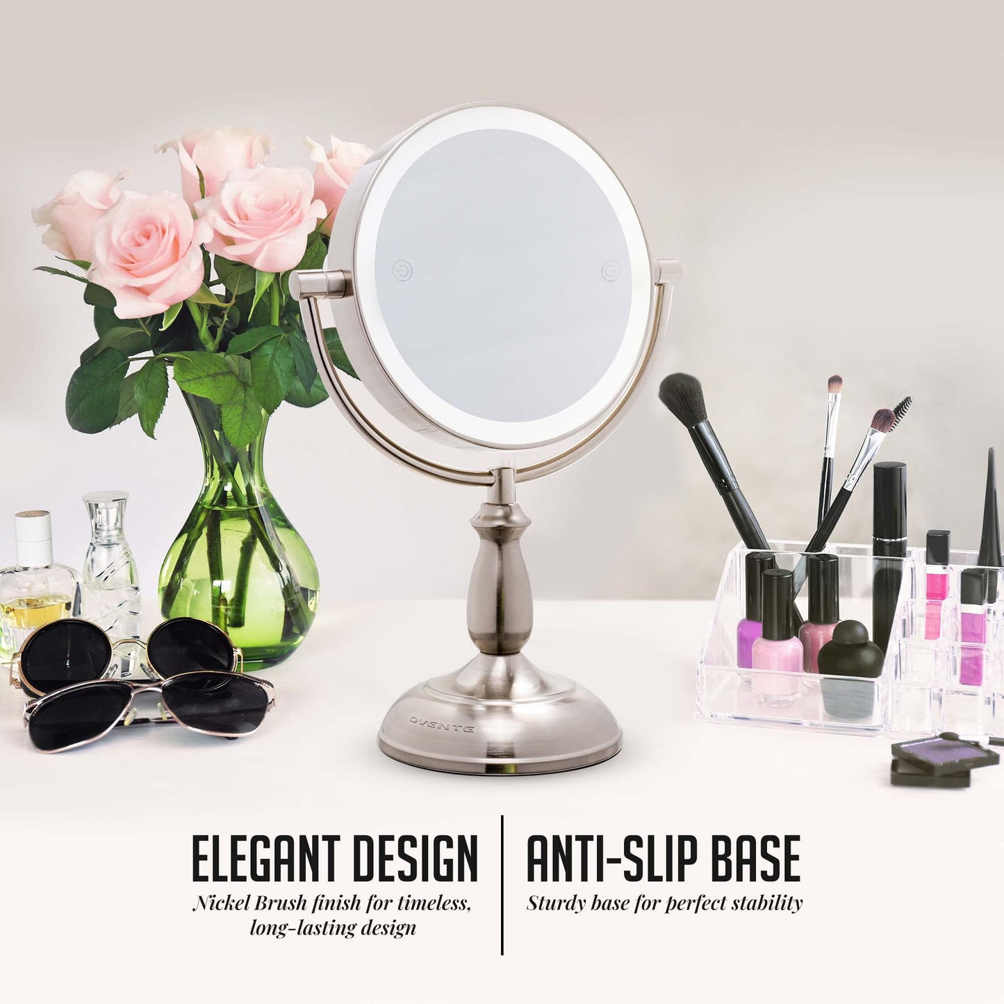 OVENTE 8" Lighted Tabletop Makeup Mirror with 1X/10X Magnification, Double Sided Vanity Mirror, 360° Swivel Design, 3-Tone Smart Touch Glow LED Lights Beauty & Personal Care OVENTE