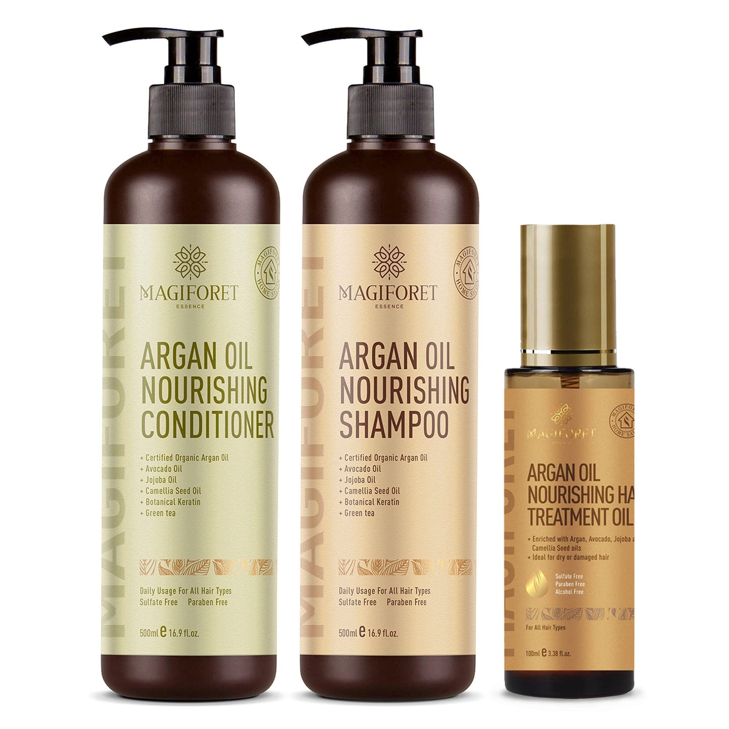 MagiForet Argan Oil Nourishing Daily Care Set, Shampoo 500ml + Conditioner 500ml + Hair Serum 100ml, Sulfate Free Paraben Free, Soft & Smooth, Gentle Beauty & Personal Care MagiForet