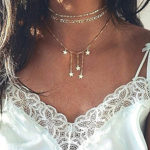 DoubleNine Star Pendant Layering Necklaces Tassels Charm 2 Way Choker Gold Sequins Chic Dainty Jewelry Accessories for Bridesmaid Women Girl set of 2 Beauty & Personal Care Doubnine
