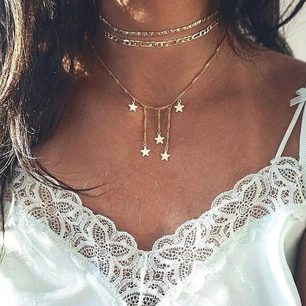 DoubleNine Star Pendant Layering Necklaces Tassels Charm 2 Way Choker Gold Sequins Chic Dainty Jewelry Accessories for Bridesmaid Women Girl set of 2 Beauty & Personal Care Doubnine