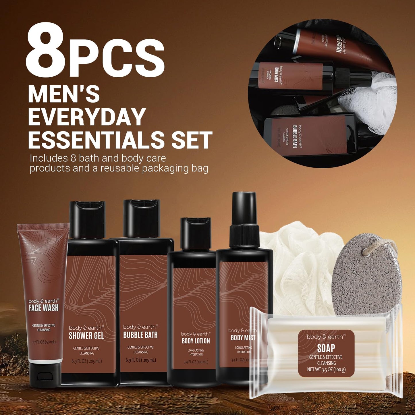 Body & Earth Gift Baskets for Men 8pc Sandalwood Scented Mens Lotion Gifts for Him Care Package for Men Christmas Gifts for Husband Bath Set Gift Sets Beauty and Personal Care BODY & EARTH