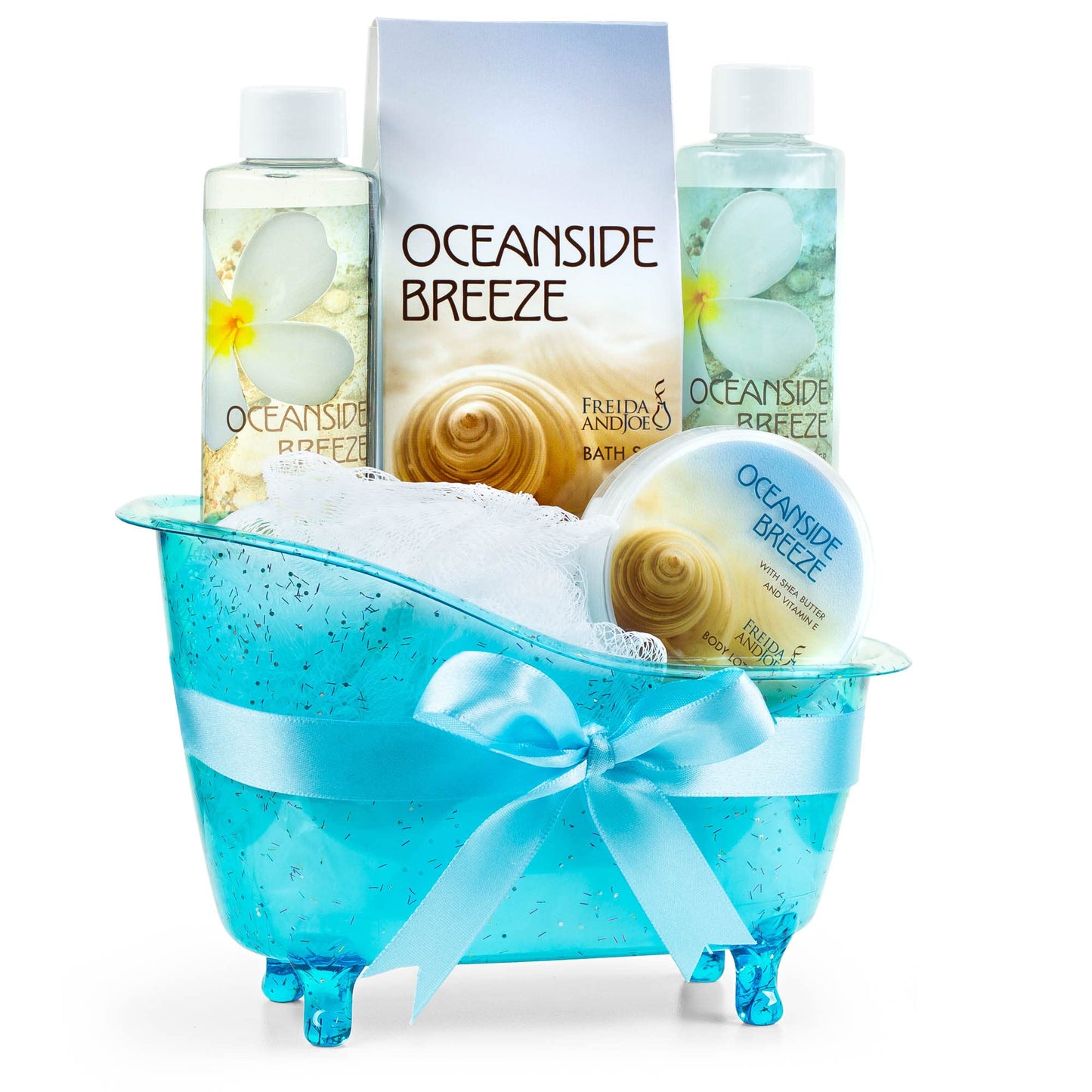 Home Spa Bath Basket Fresh Aquatic Oceanside Breeze Spa Set For Women Bath & Body Set For Women Shower Gel, Bubble Bath, Body Lotion, etc Puff in Blue Beauty & Personal Care Freida and Joe